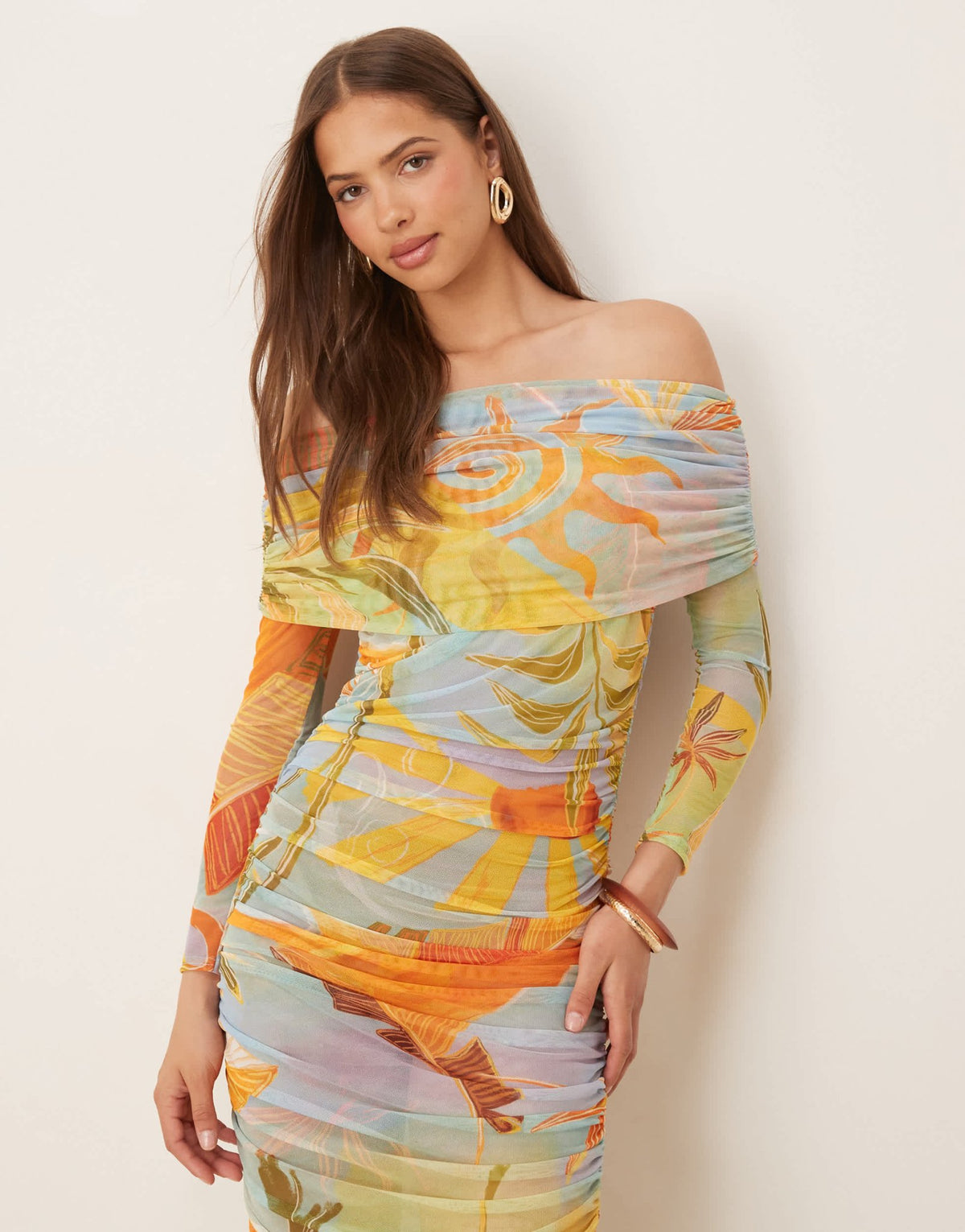 Never Fully Dressed ruched mesh midaxi dress in mixed print - ASOS Sample Sale