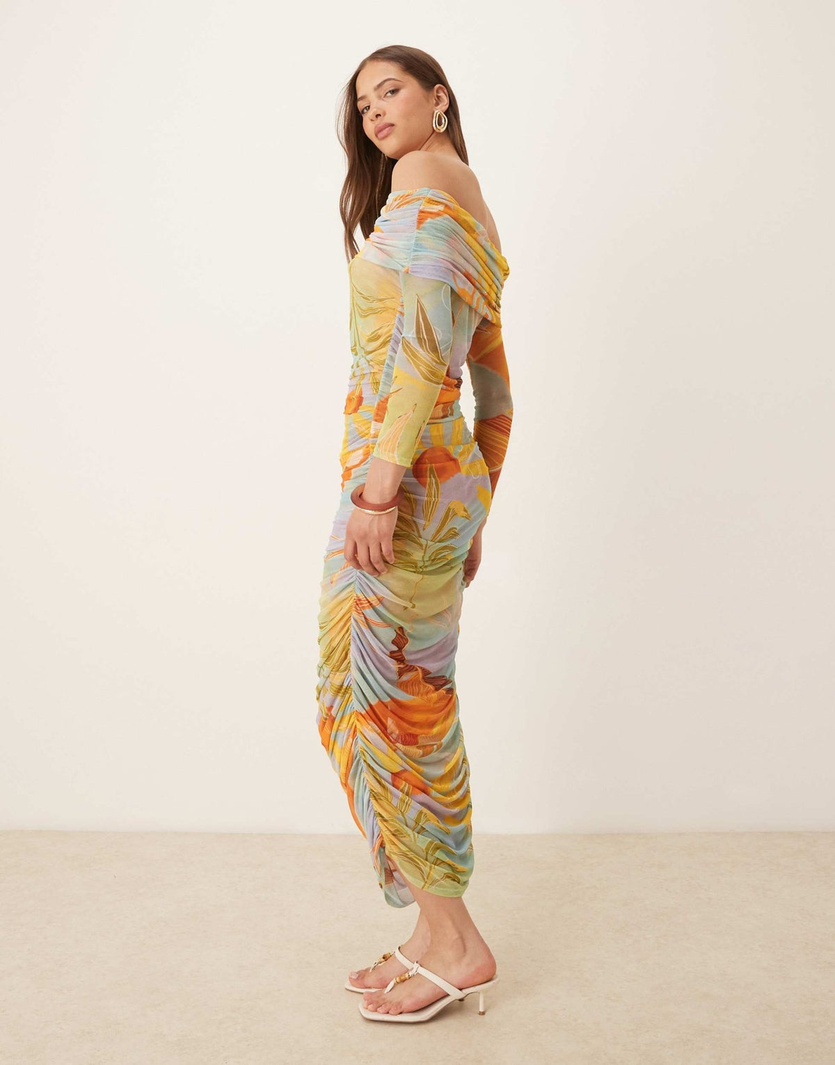Never Fully Dressed ruched mesh midaxi dress in mixed print - ASOS Sample Sale