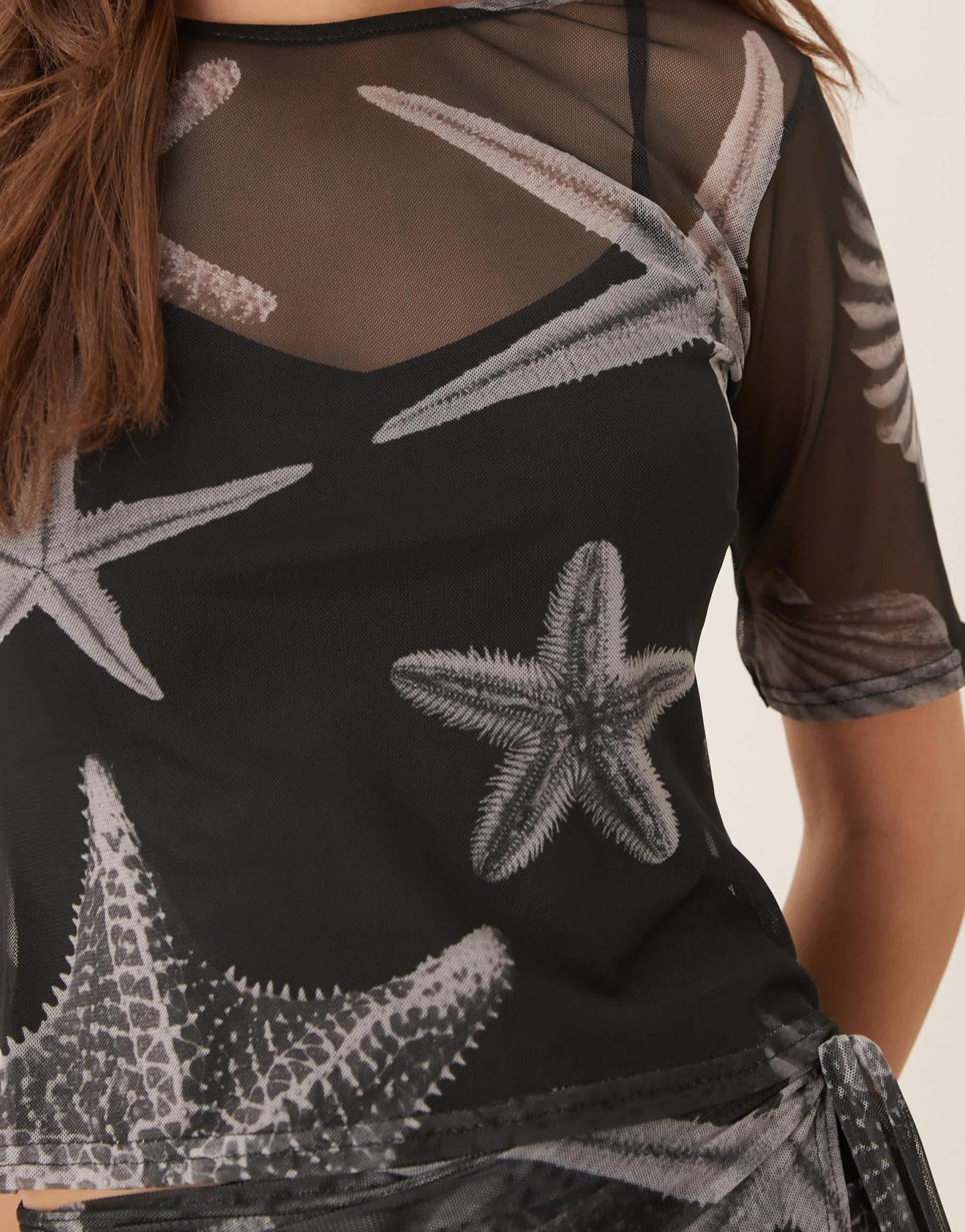 Never Fully Dressed seashell print mesh t-shirt co-ord in black - ASOS Sample Sale