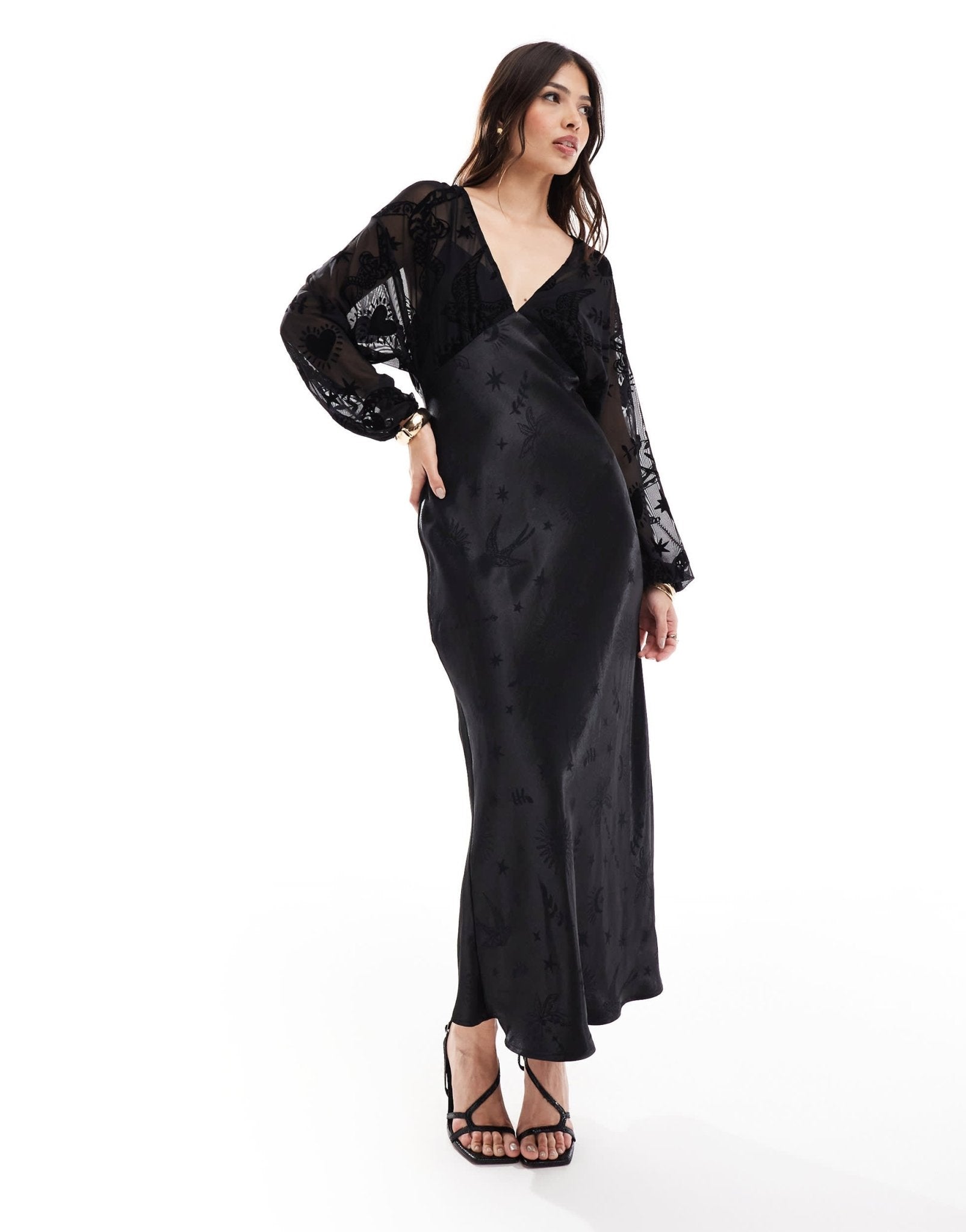 Never Fully Dressed sheer sleeve contrast satin maxi dress in black - ASOS Sample Sale
