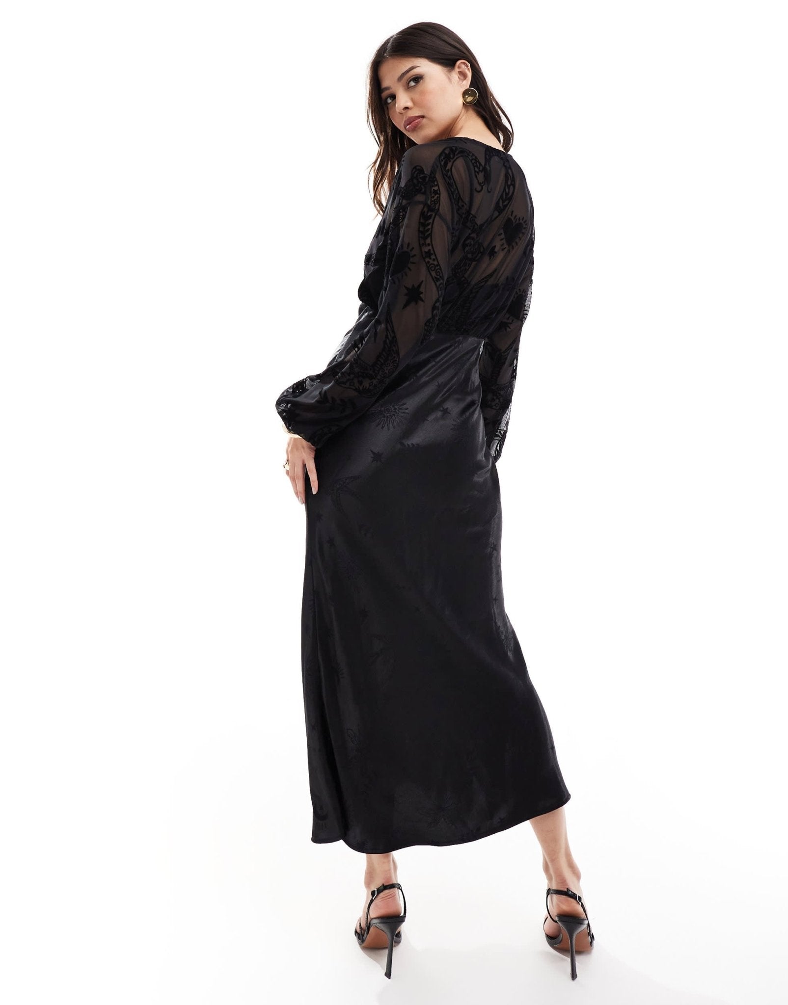 Never Fully Dressed sheer sleeve contrast satin maxi dress in black - ASOS Sample Sale