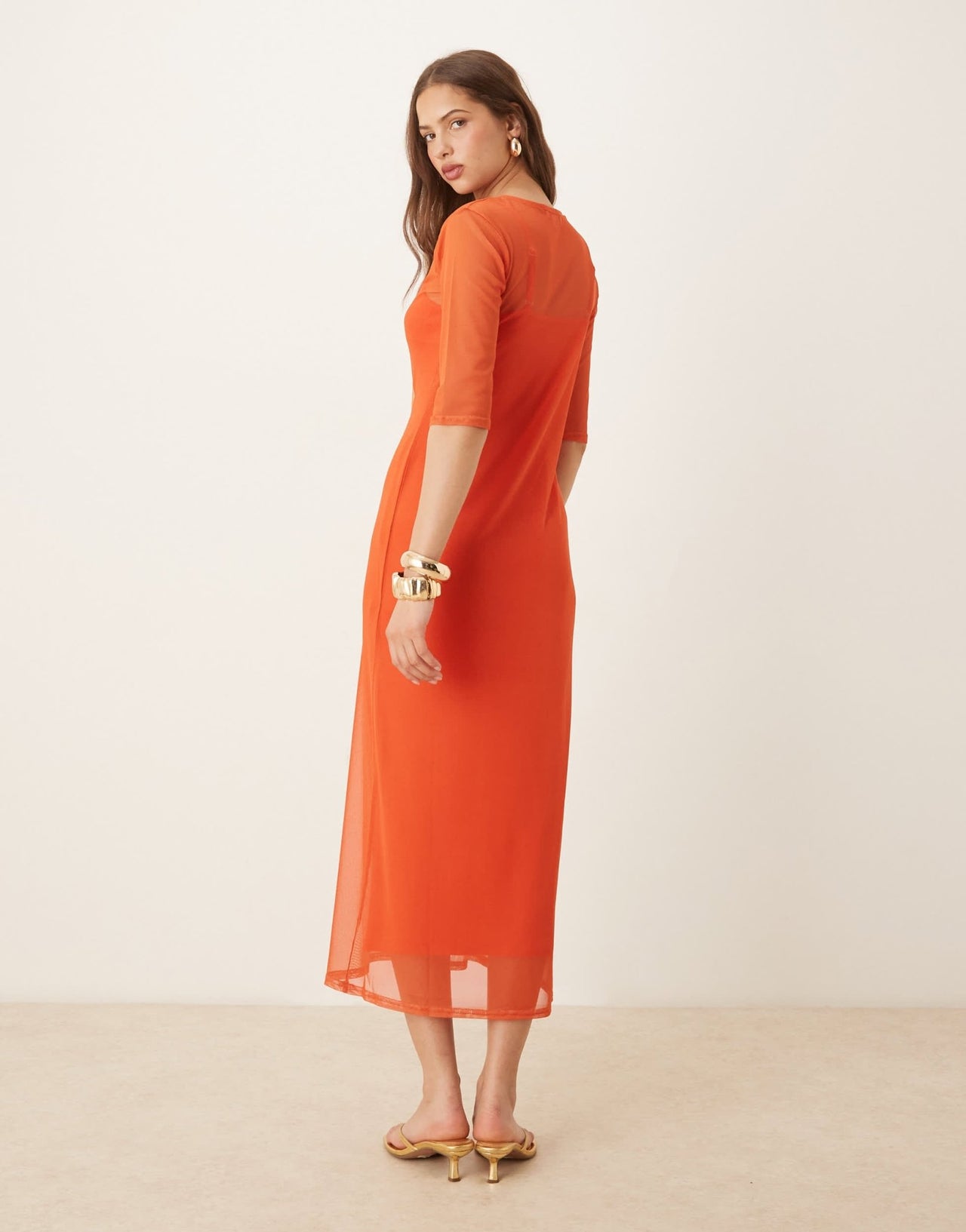 Never Fully Dressed sunburst mesh midaxi dress in orange - ASOS Sample Sale