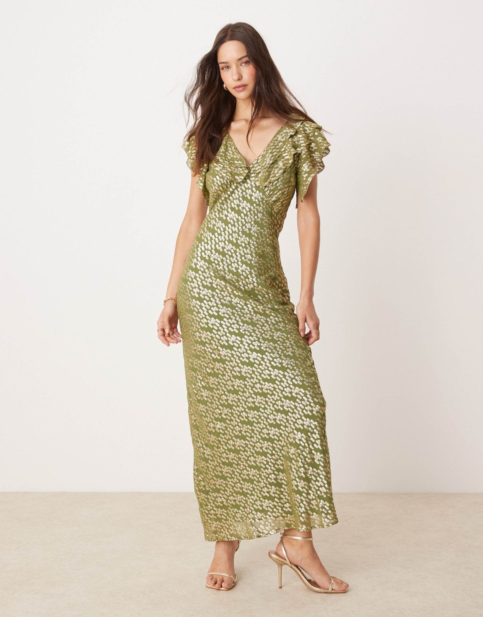 Never Fully Dressed Tilda metallic ruffle maxi dress in olive jacquard - ASOS Sample Sale