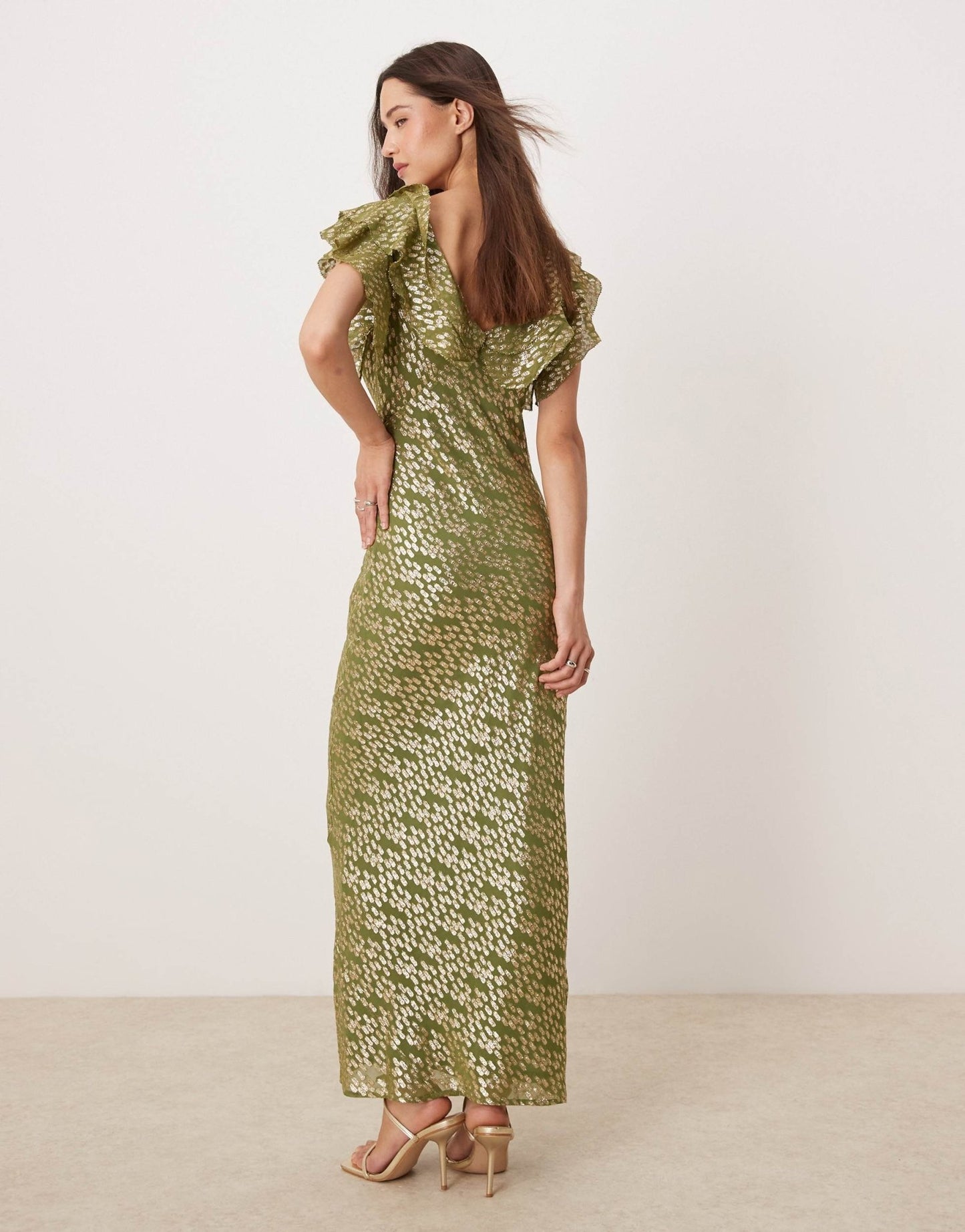 Never Fully Dressed Tilda metallic ruffle maxi dress in olive jacquard - ASOS Sample Sale