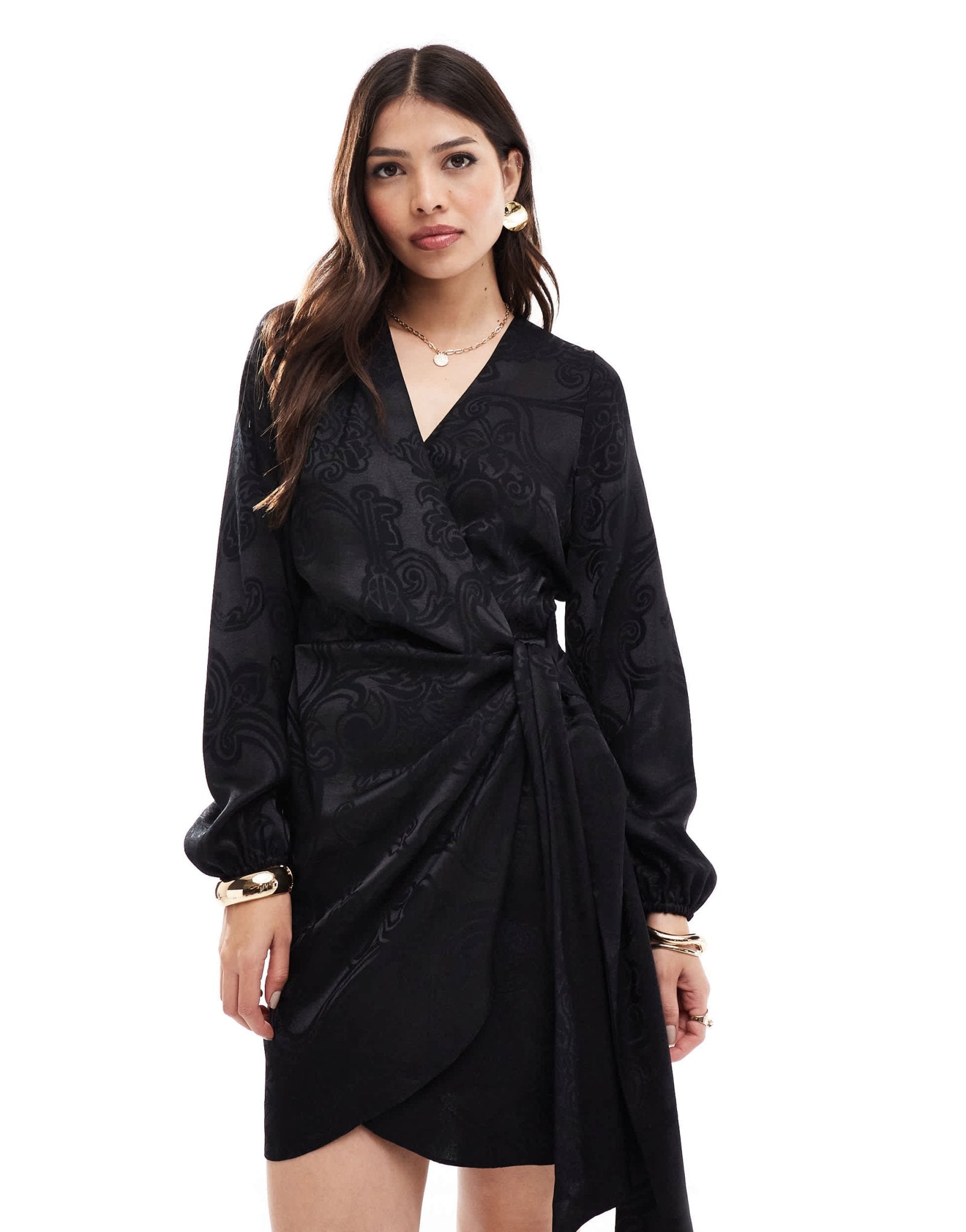 Never Fully Dressed Vienna satin wrap mini dress in black - ASOS Sample Sale