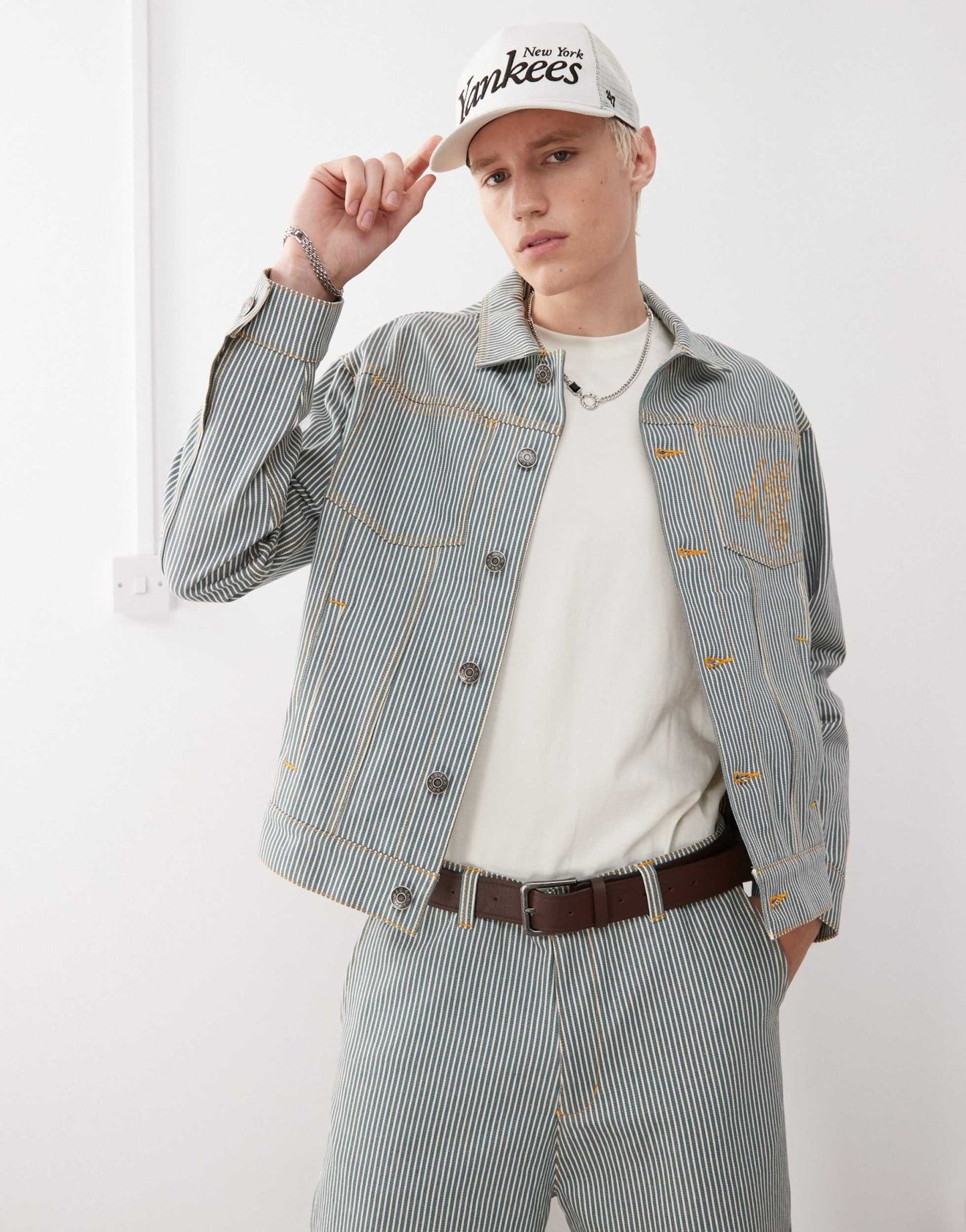 New Era pinstripe denim jacket co-ord in multi - ASOS Sample Sale
