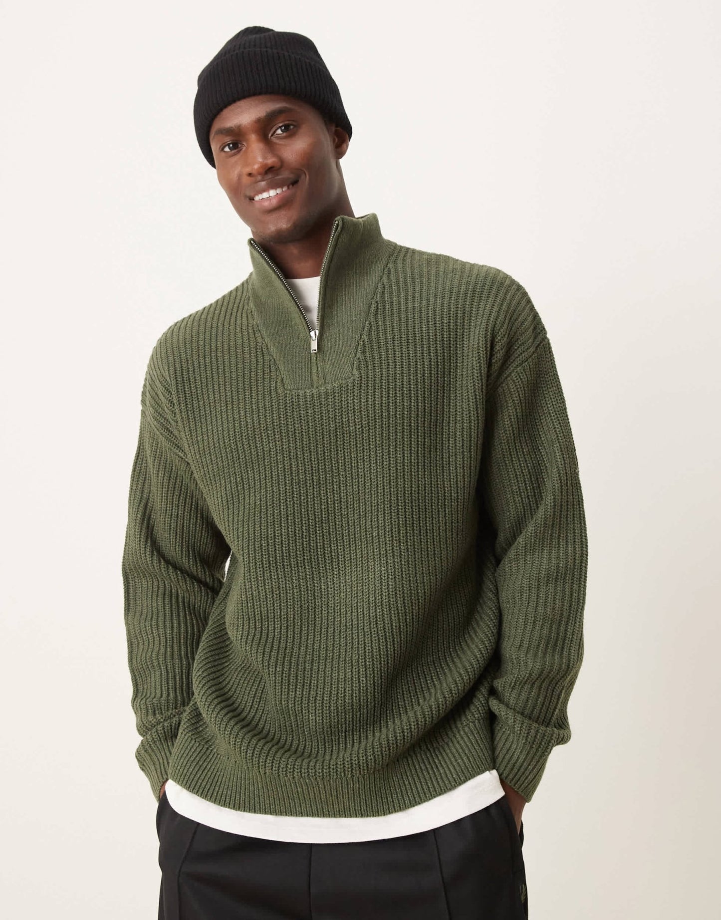 New Look 1/4 zip fisherman jumper in khaki - ASOS Sample Sale