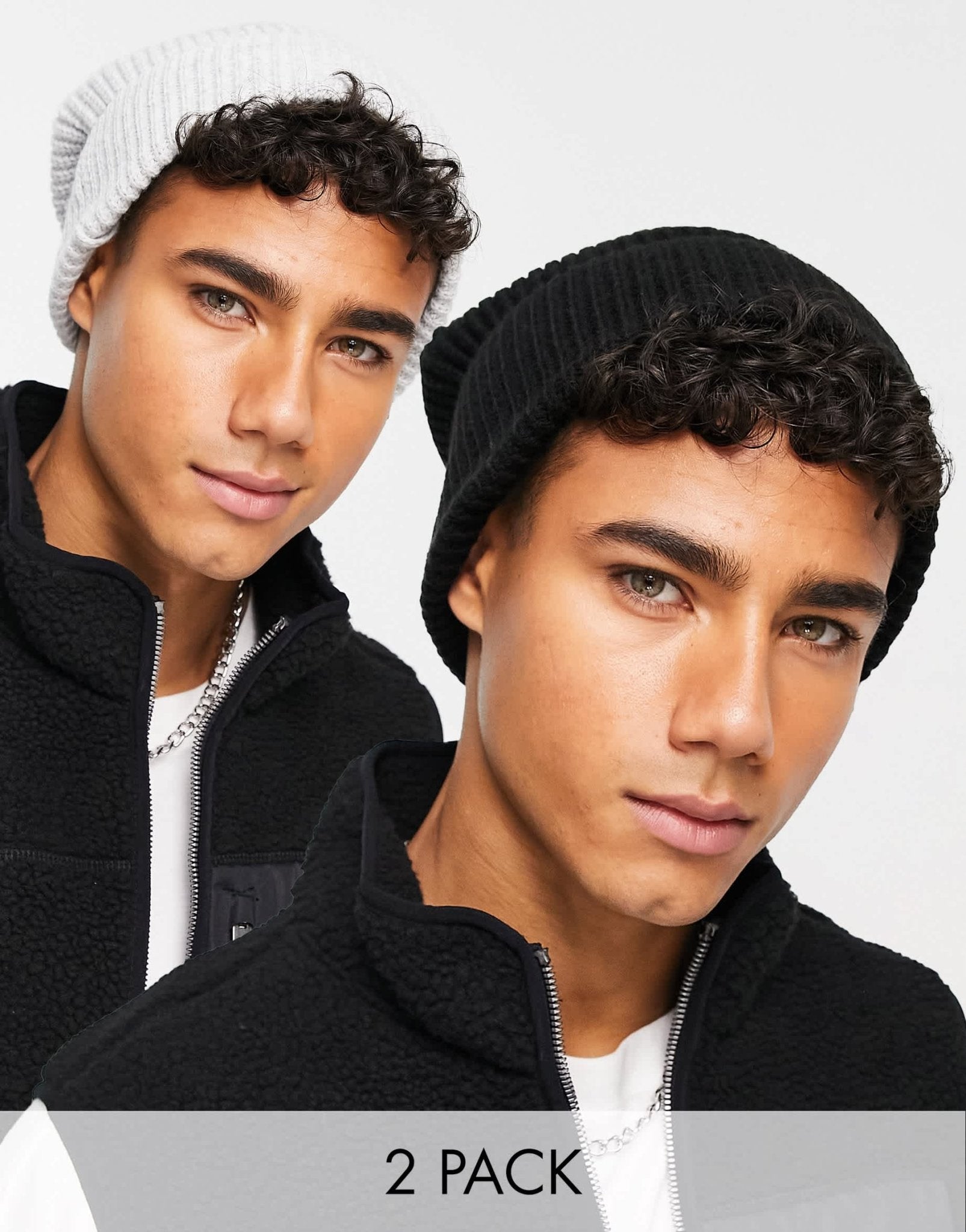 New Look 2 pack fisherman beanies in black and grey - ASOS Sample Sale