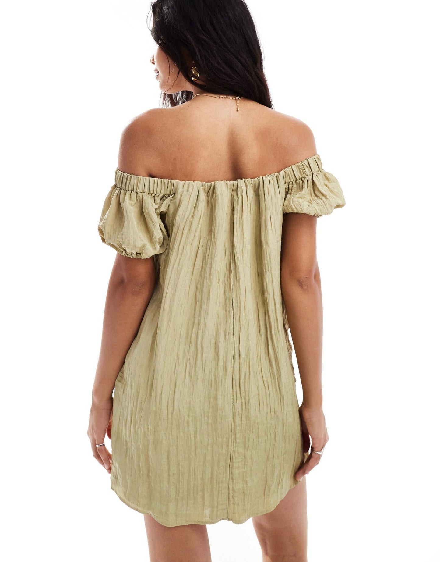New Look bardot crinkle mini dress in khaki - ASOS Sample Sale
