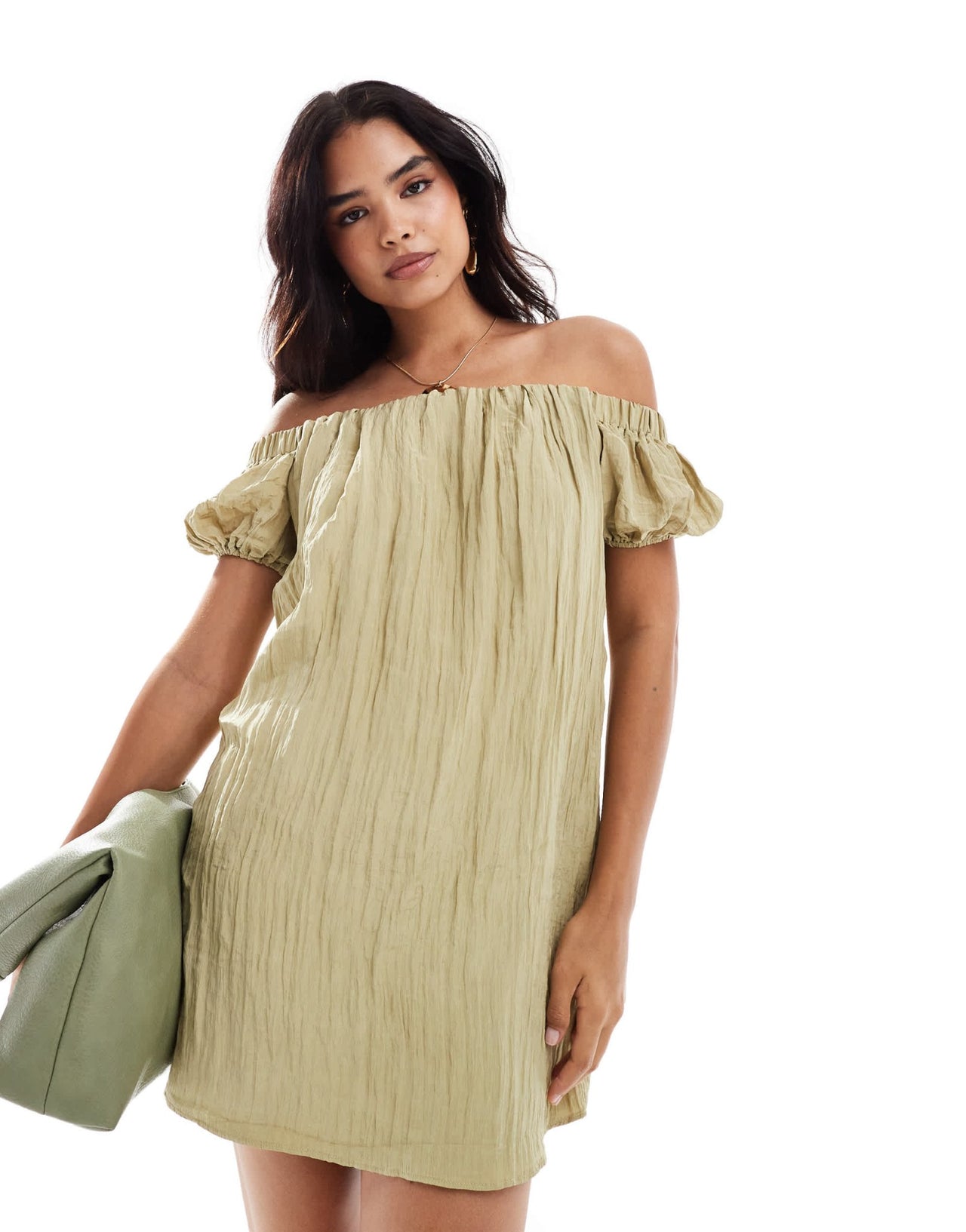 New Look bardot crinkle mini dress in khaki - ASOS Sample Sale