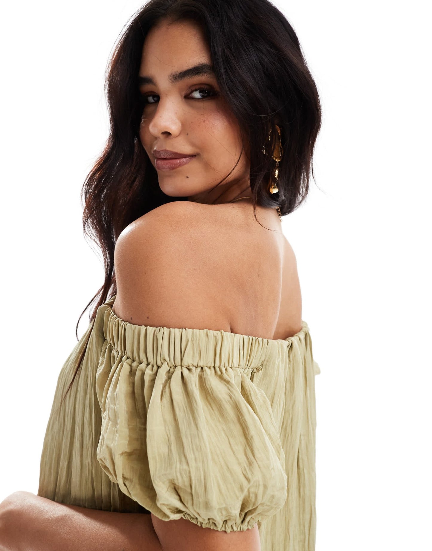New Look bardot crinkle mini dress in khaki - ASOS Sample Sale
