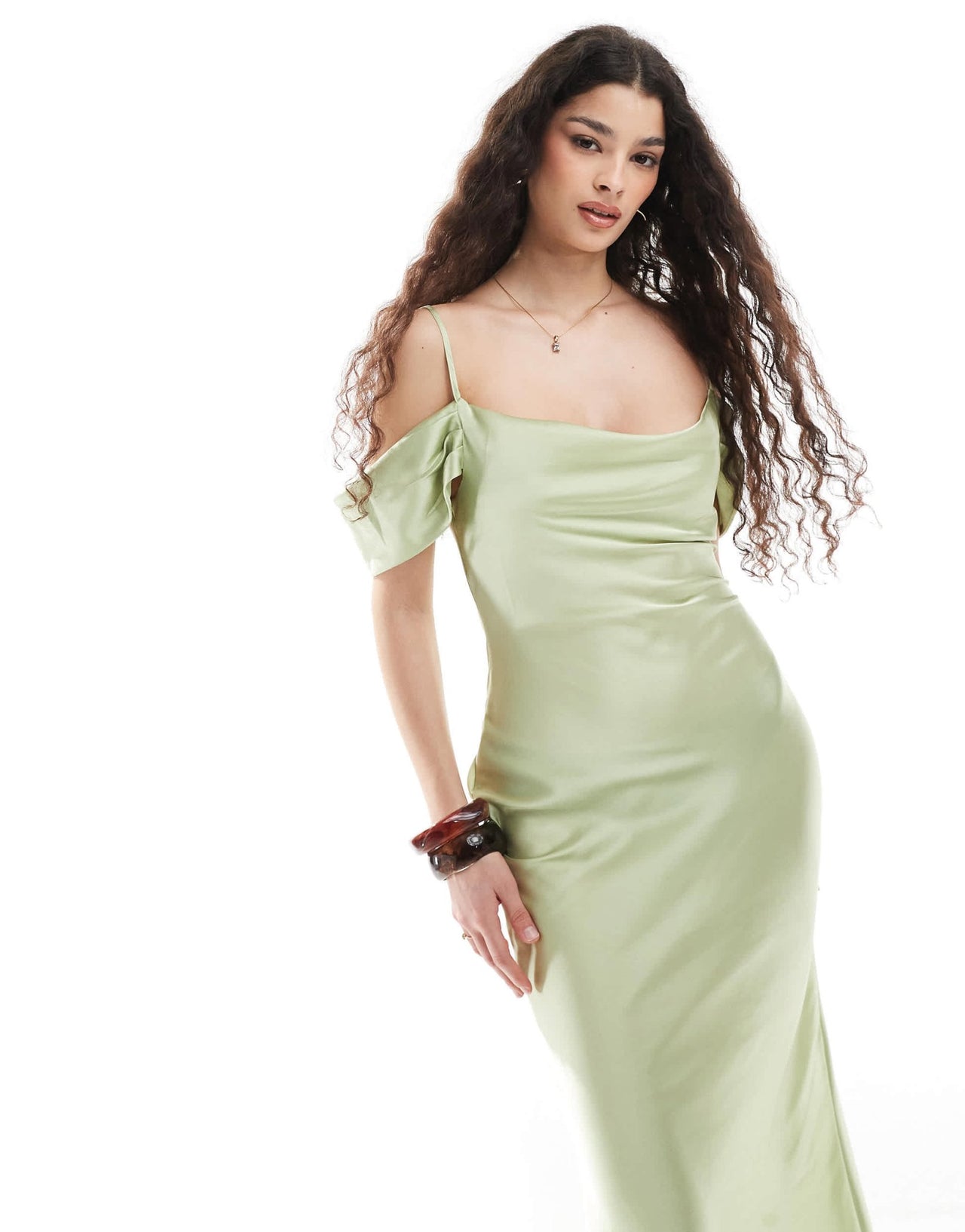 New Look bardot satin midaxi dress in sage green - ASOS Sample Sale
