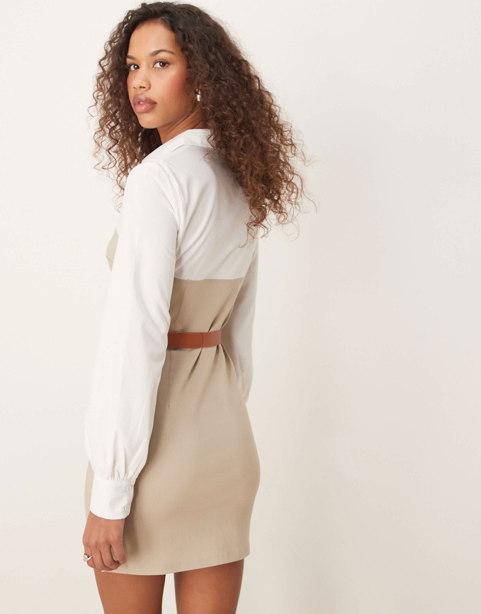 New Look belted 2in1 mini shirt dress in stone - ASOS Sample Sale