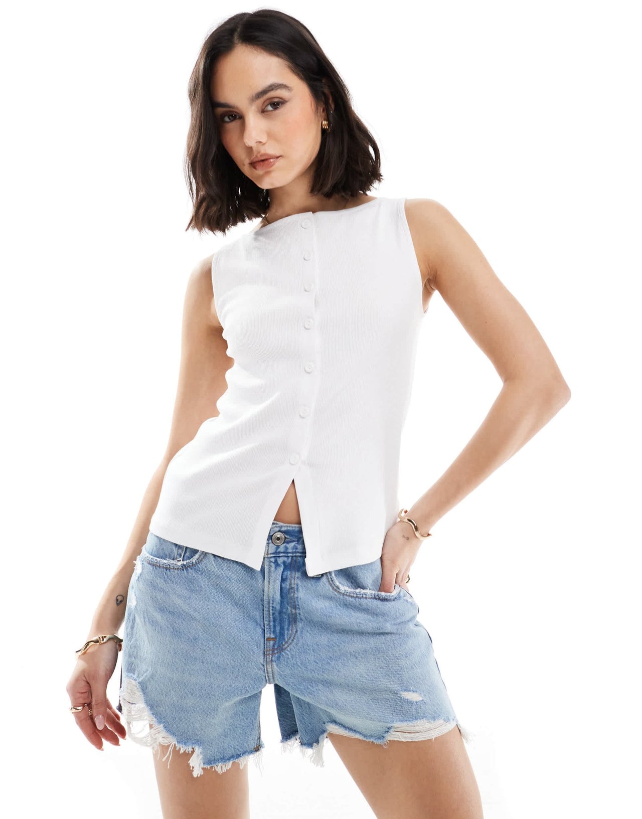 New Look boat neck button through tank top in white - ASOS Sample Sale
