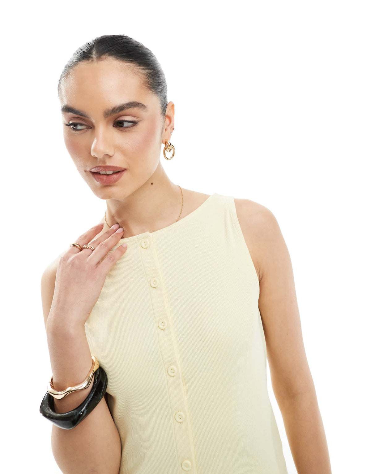New Look boat neck button through tank top in yellow - ASOS Sample Sale