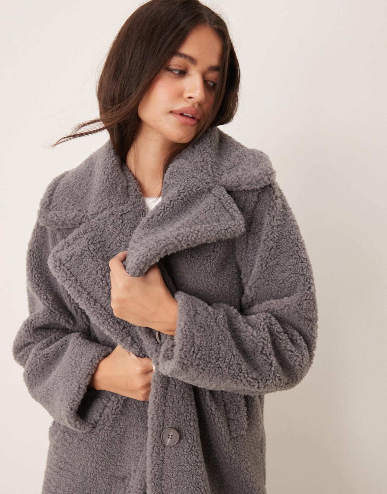 New Look borg coat in grey - ASOS Sample Sale