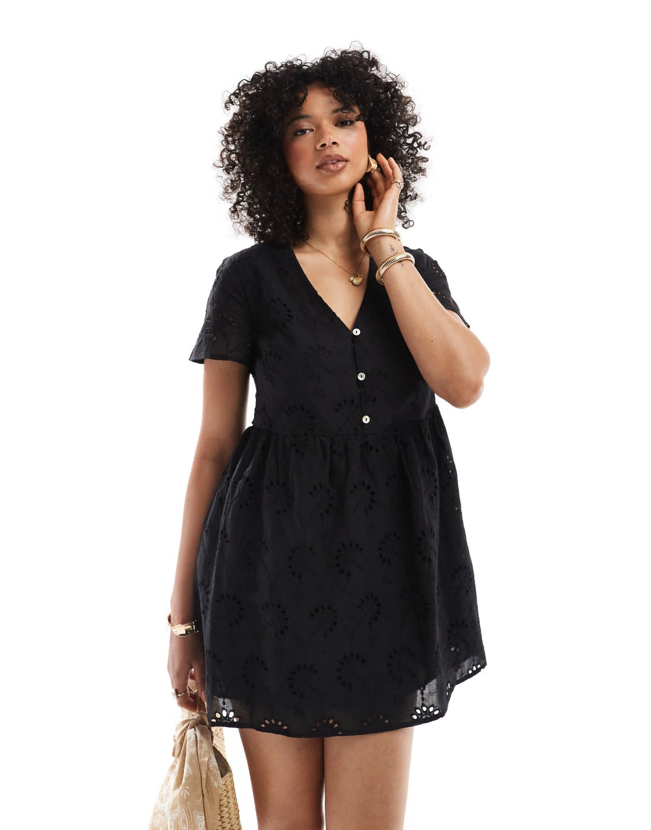 New Look broderie smock mini dress in black - ASOS Sample Sale