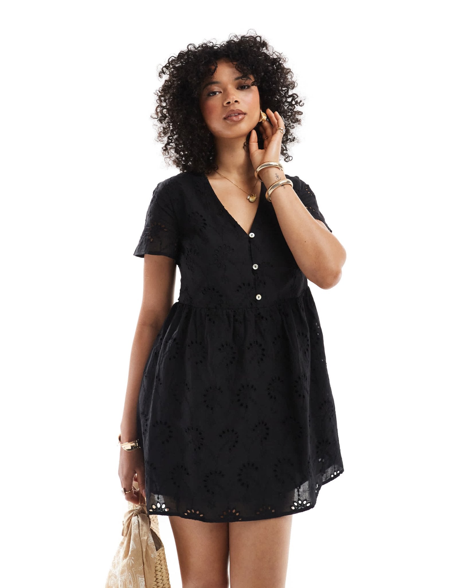 New Look broderie smock mini dress in black - ASOS Sample Sale