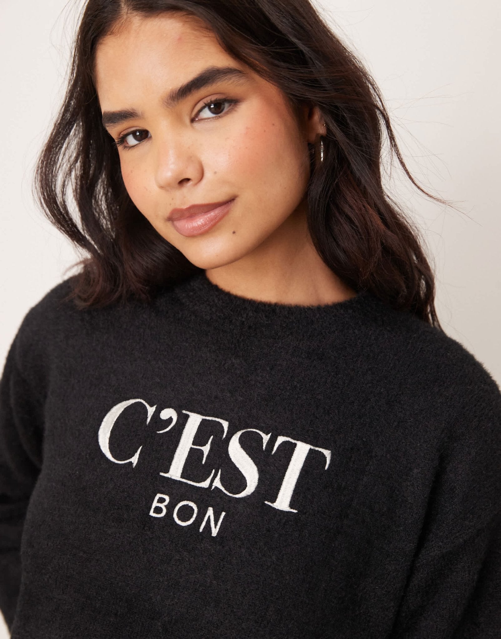 New Look C'est Bon logo fluffy jumper in black - ASOS Sample Sale
