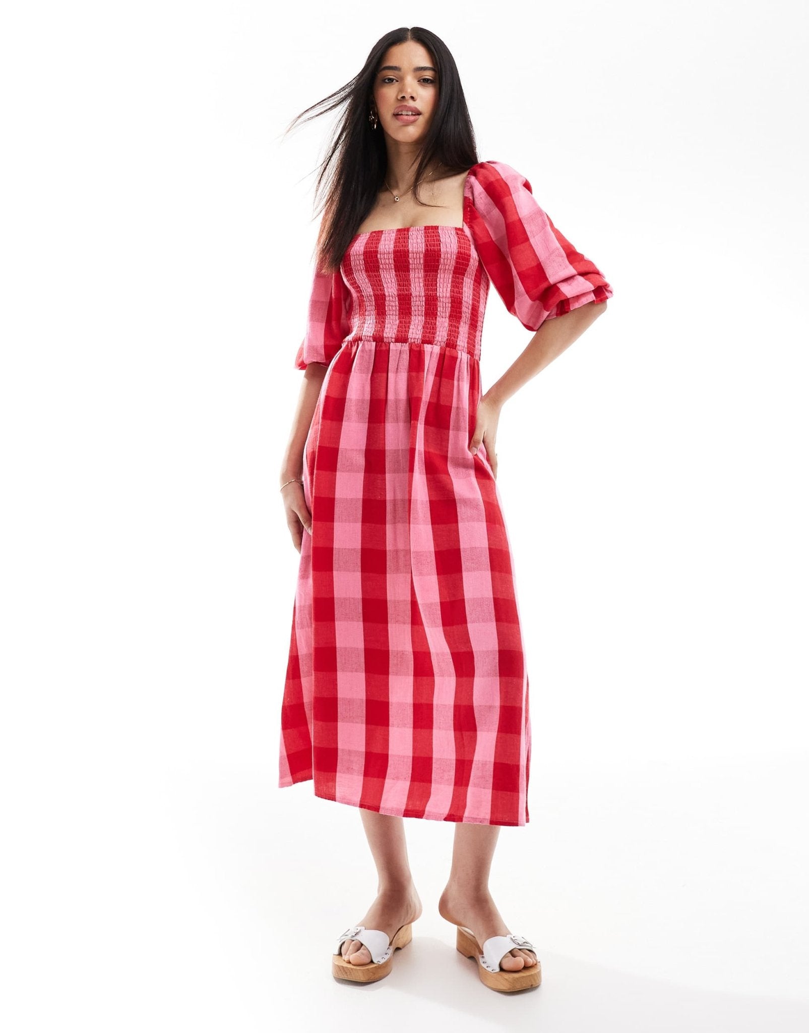 New Look check long sleeve midi dress in pink - ASOS Sample Sale