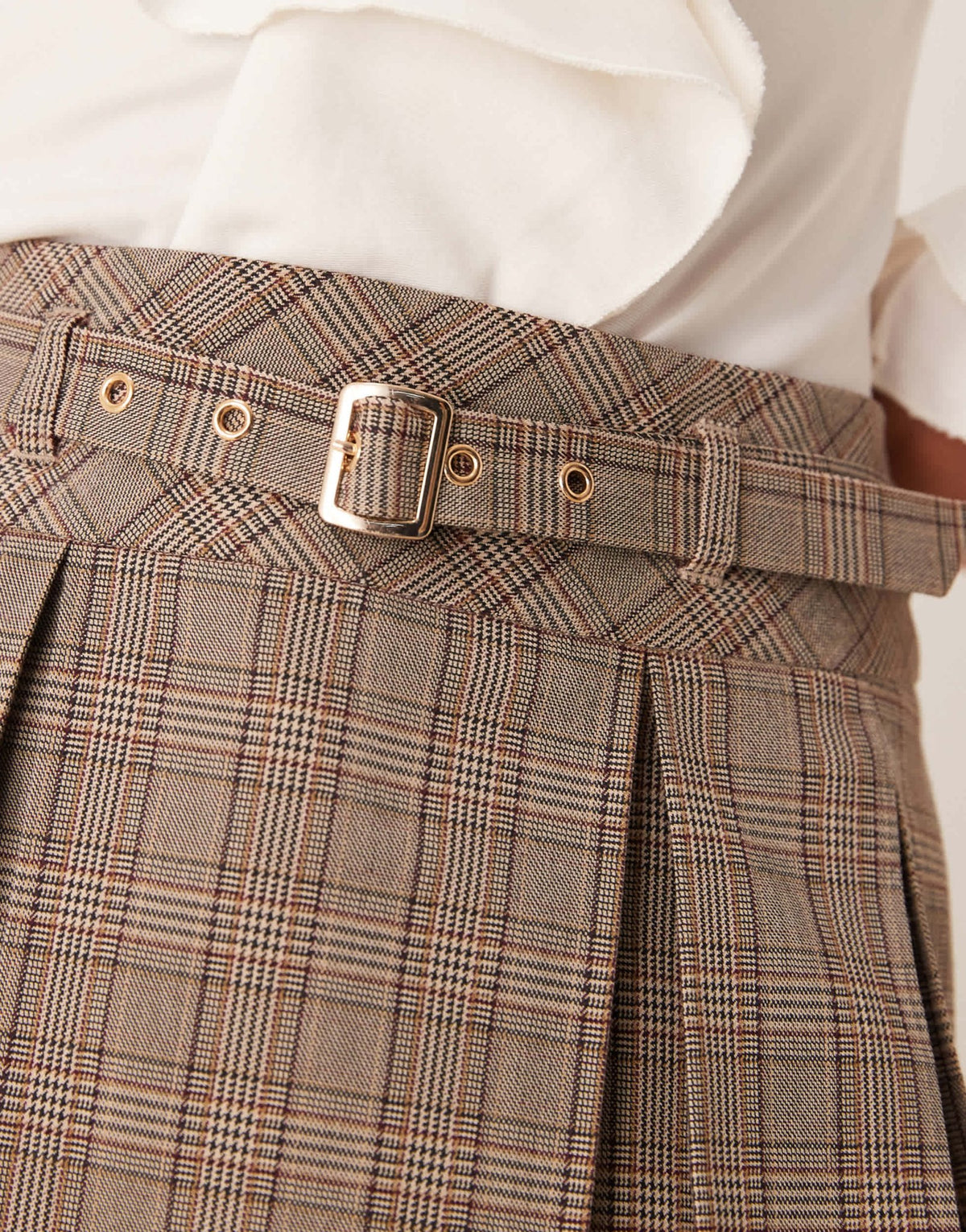 New Look check pleated mini skirt with belt in brown - ASOS Sample Sale