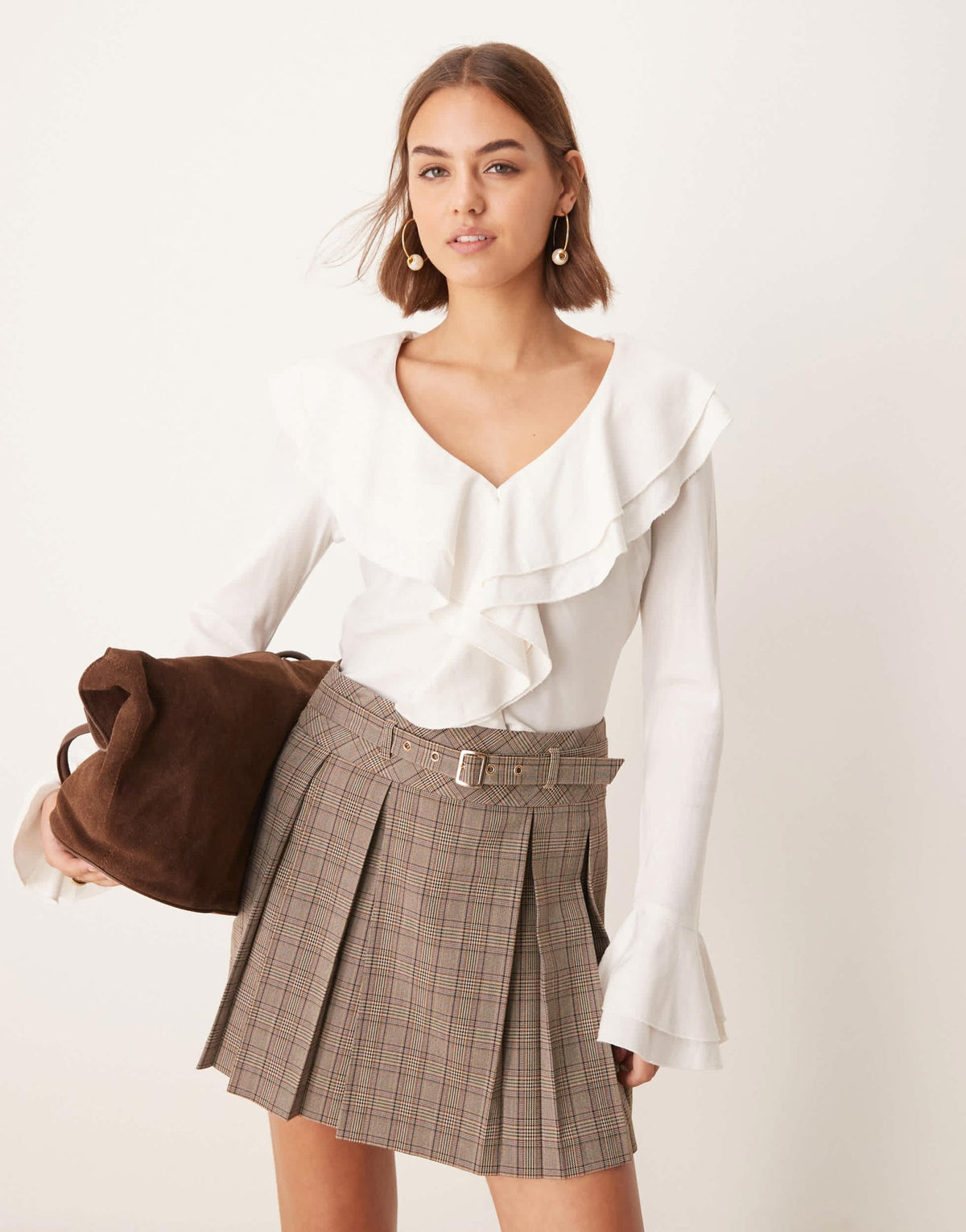 New Look check pleated mini skirt with belt in brown - ASOS Sample Sale