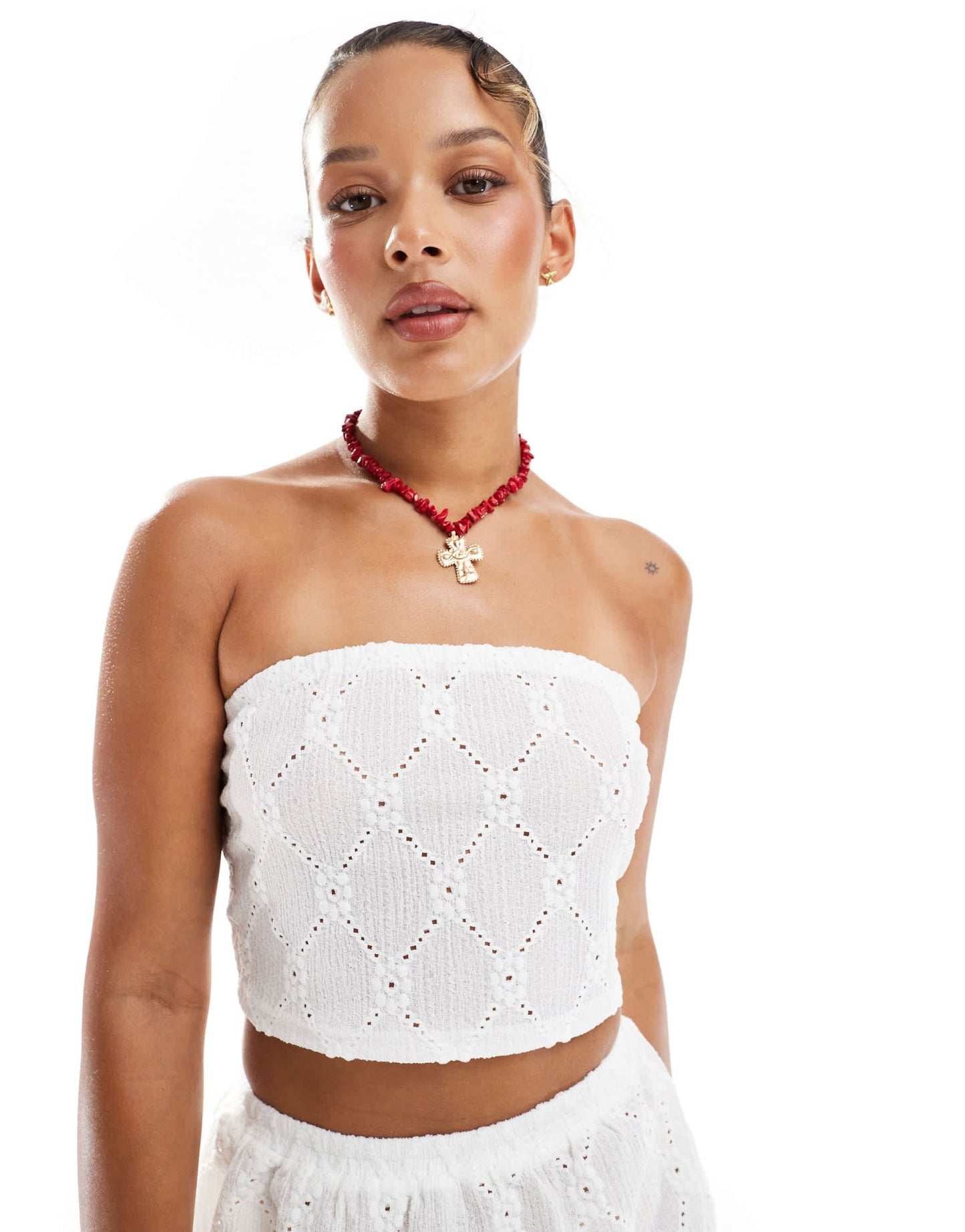 New Look co-ord broderie shirred crop top in white - ASOS Sample Sale