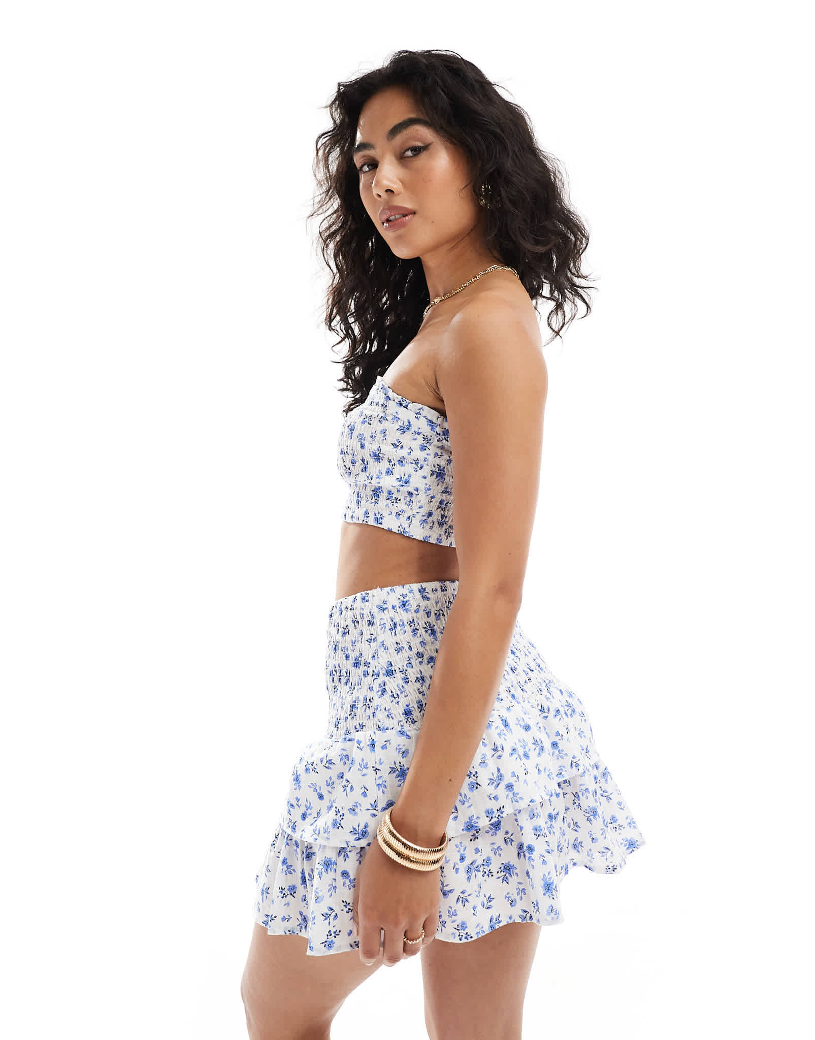 New Look co-ord ditsy shirred crop top in white and blue - ASOS Sample Sale