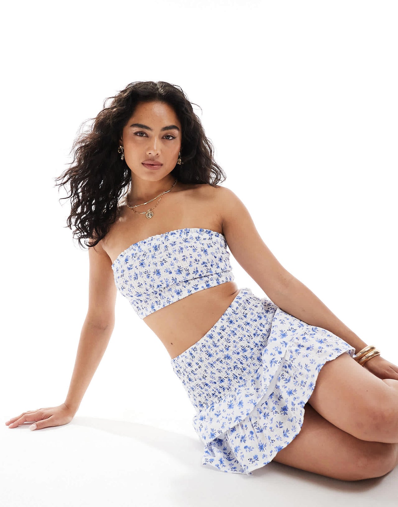 New Look co-ord ditsy shirred crop top in white and blue - ASOS Sample Sale