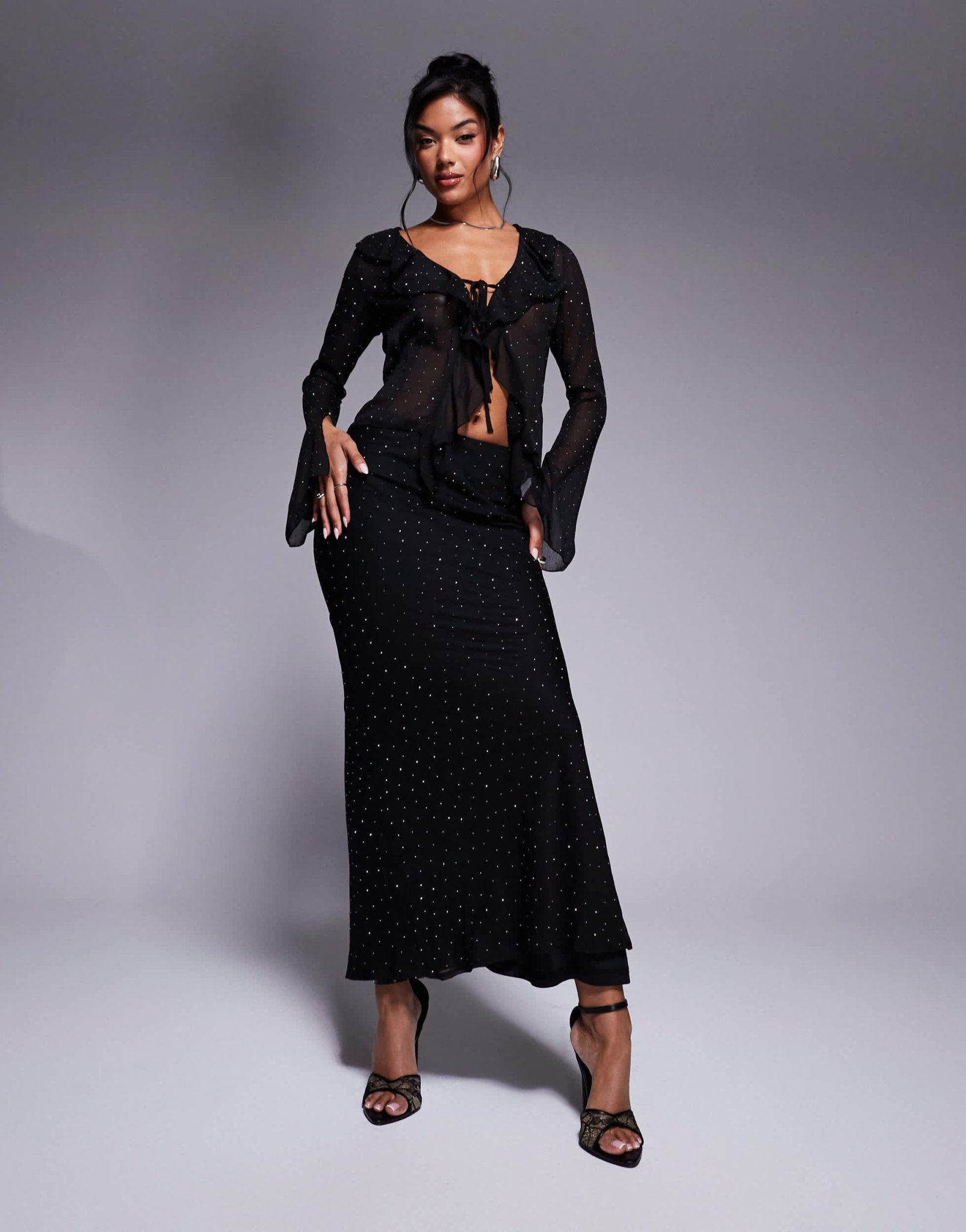 New Look co - ord embellished chiffon maxi skirt in black - ASOS Sample Sale