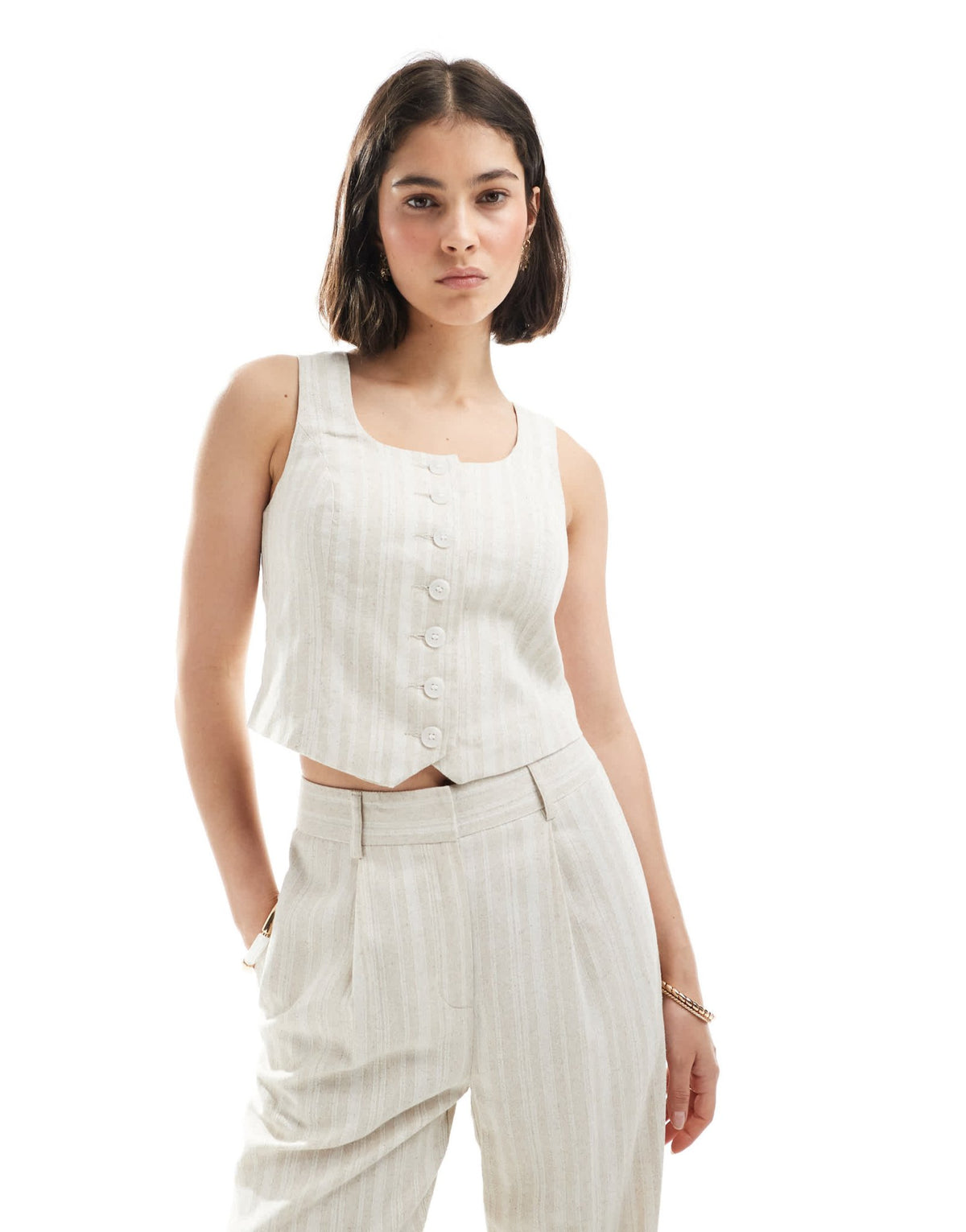 New Look co-ord linen stripe scoop neck waistcoat in cream - ASOS Sample Sale