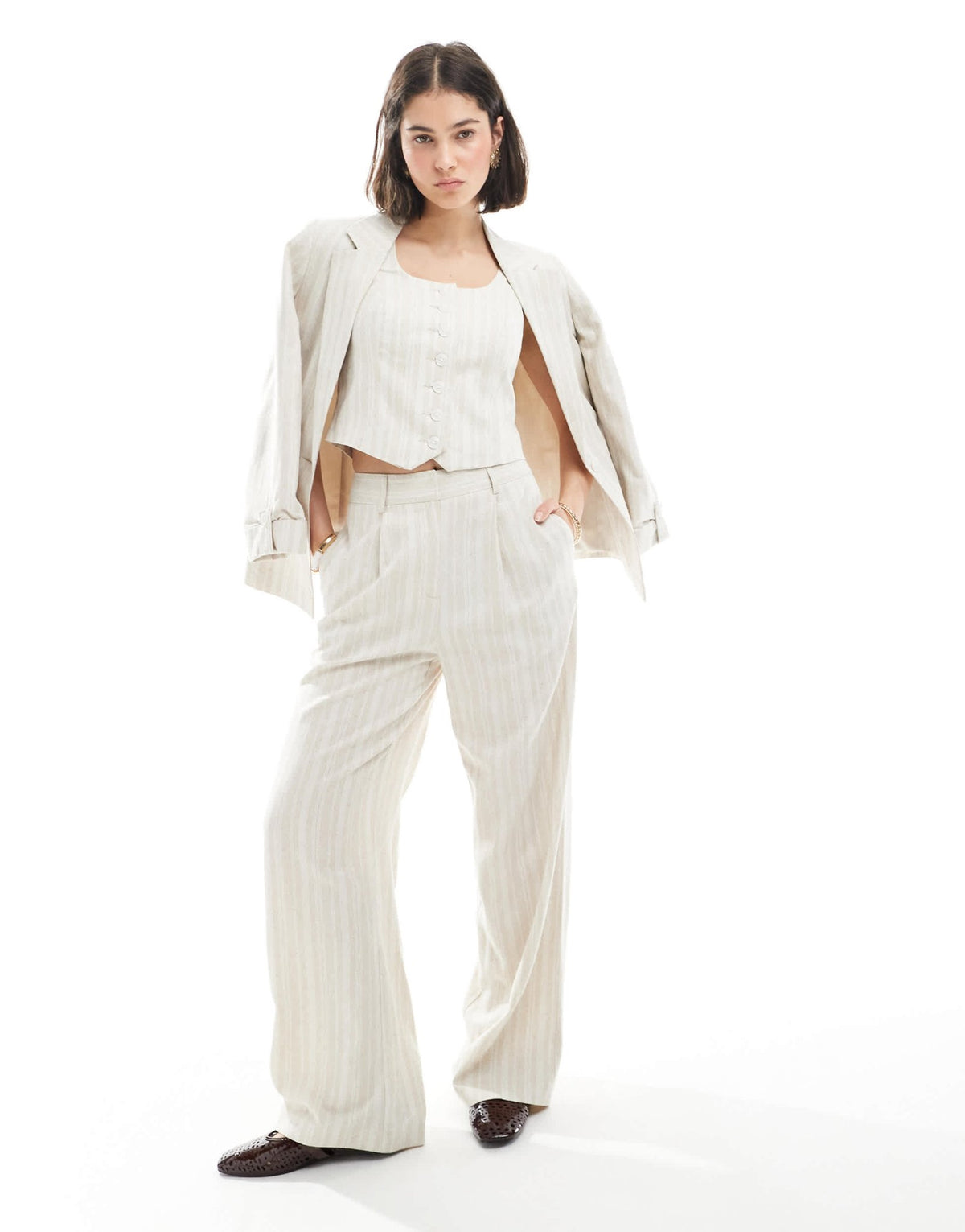 New Look co-ord linen stripe scoop neck waistcoat in cream - ASOS Sample Sale