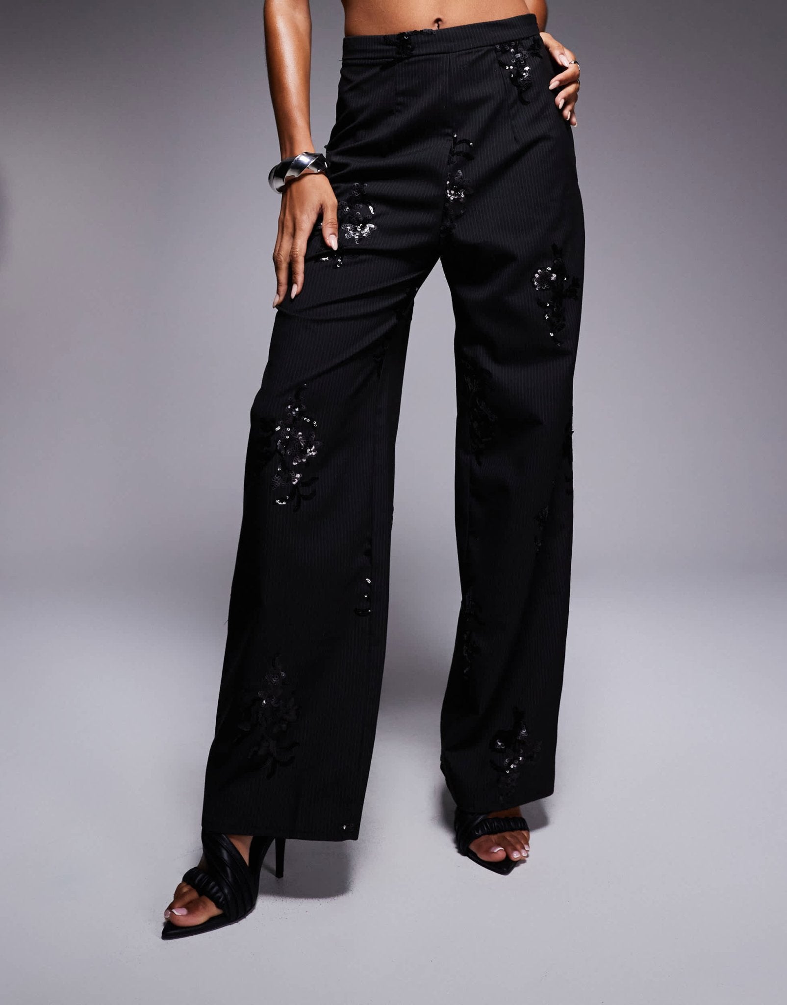 New Look co - ord pinstripe sequin wide leg trousers in black - ASOS Sample Sale
