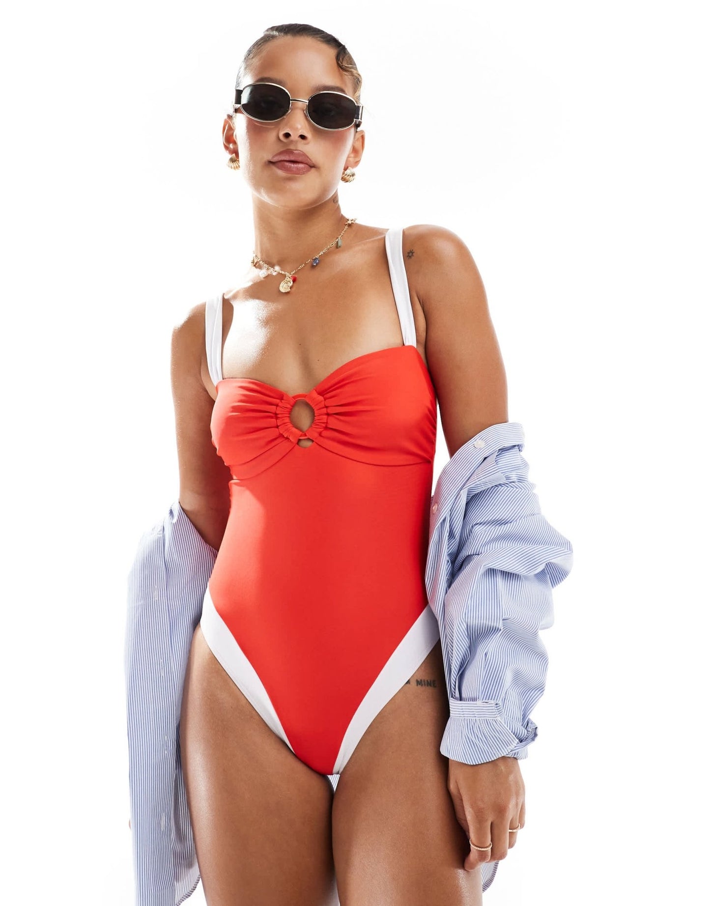 New Look colour block ring detail swimsuit in red - ASOS Sample Sale