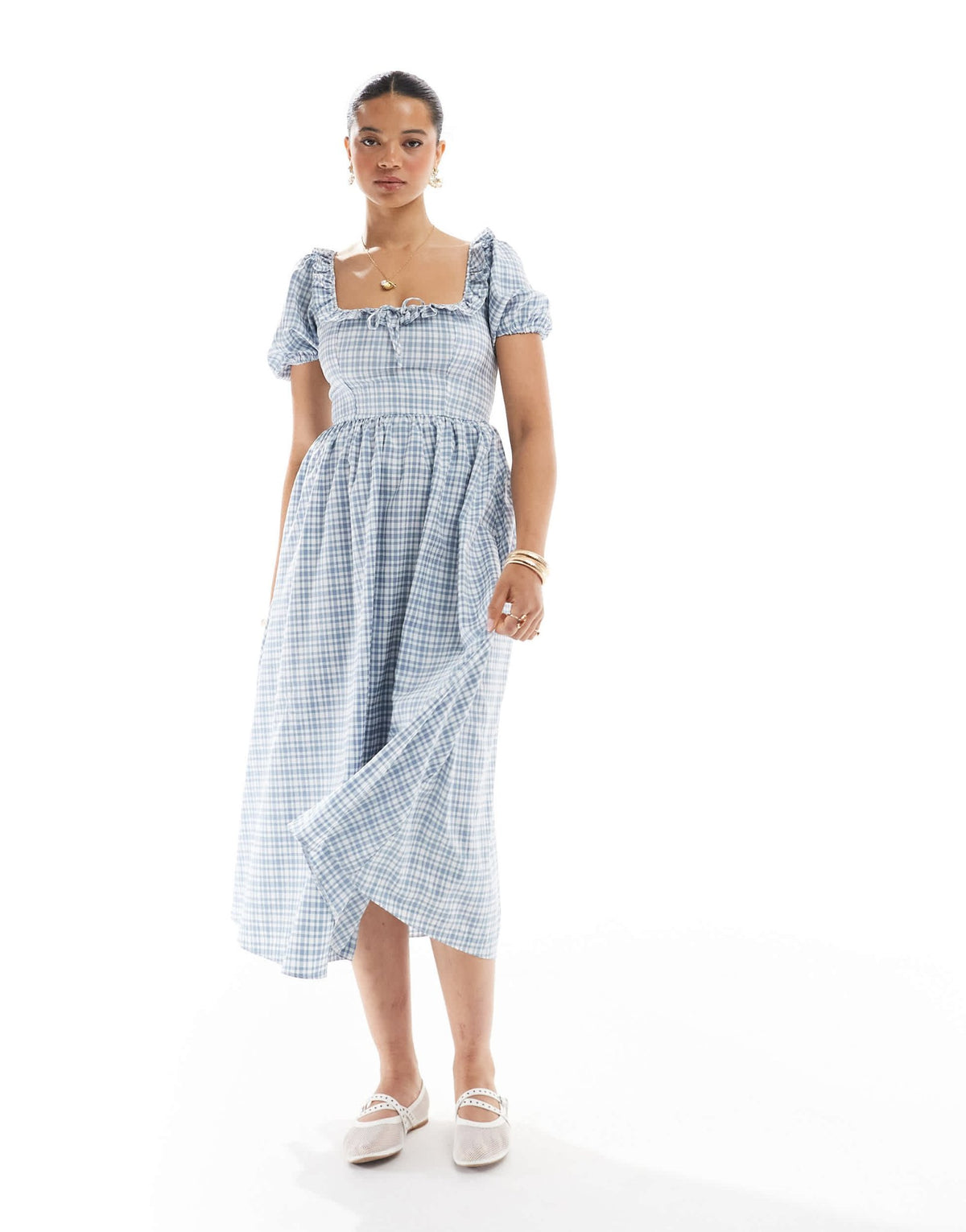 New Look corset detail check midi dress in blue - ASOS Sample Sale