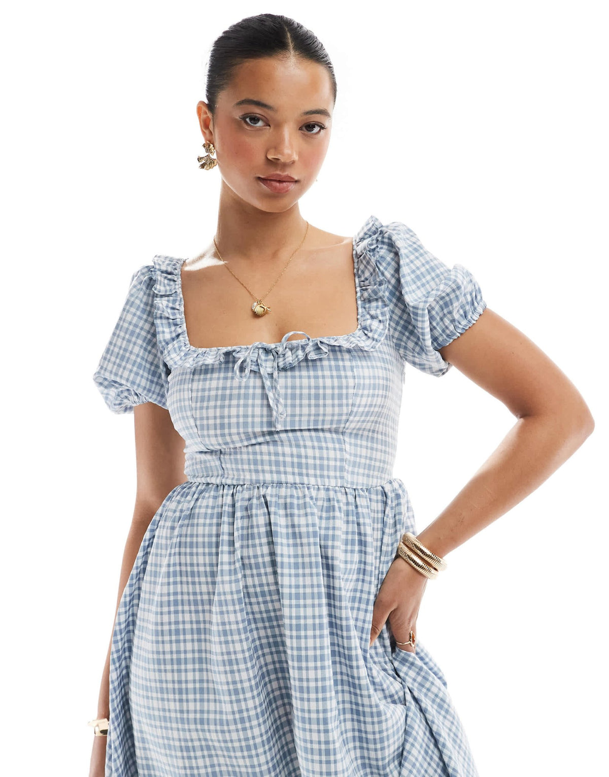 New Look corset detail check midi dress in blue - ASOS Sample Sale