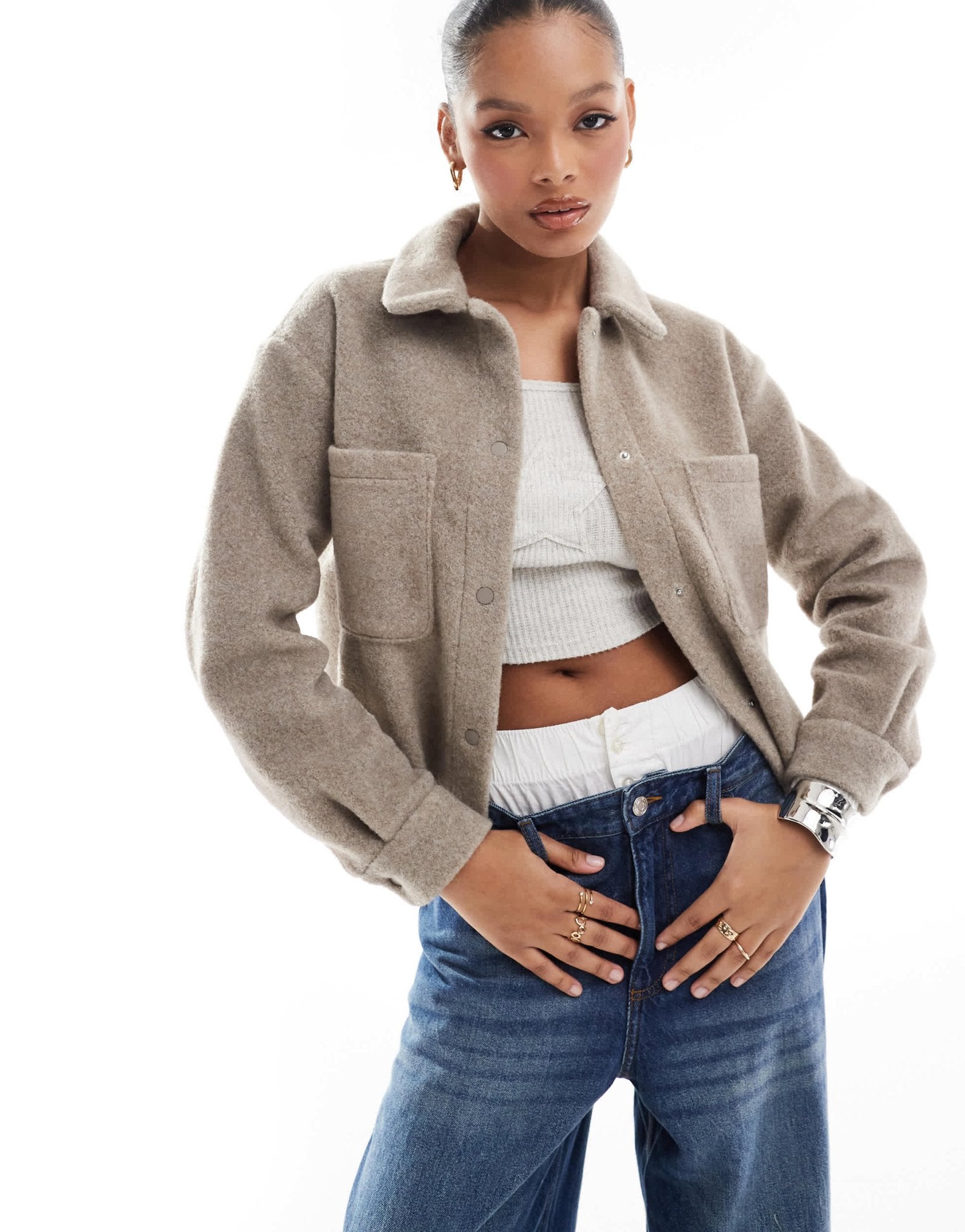 New Look cropped knitted shacket in mink - ASOS Sample Sale