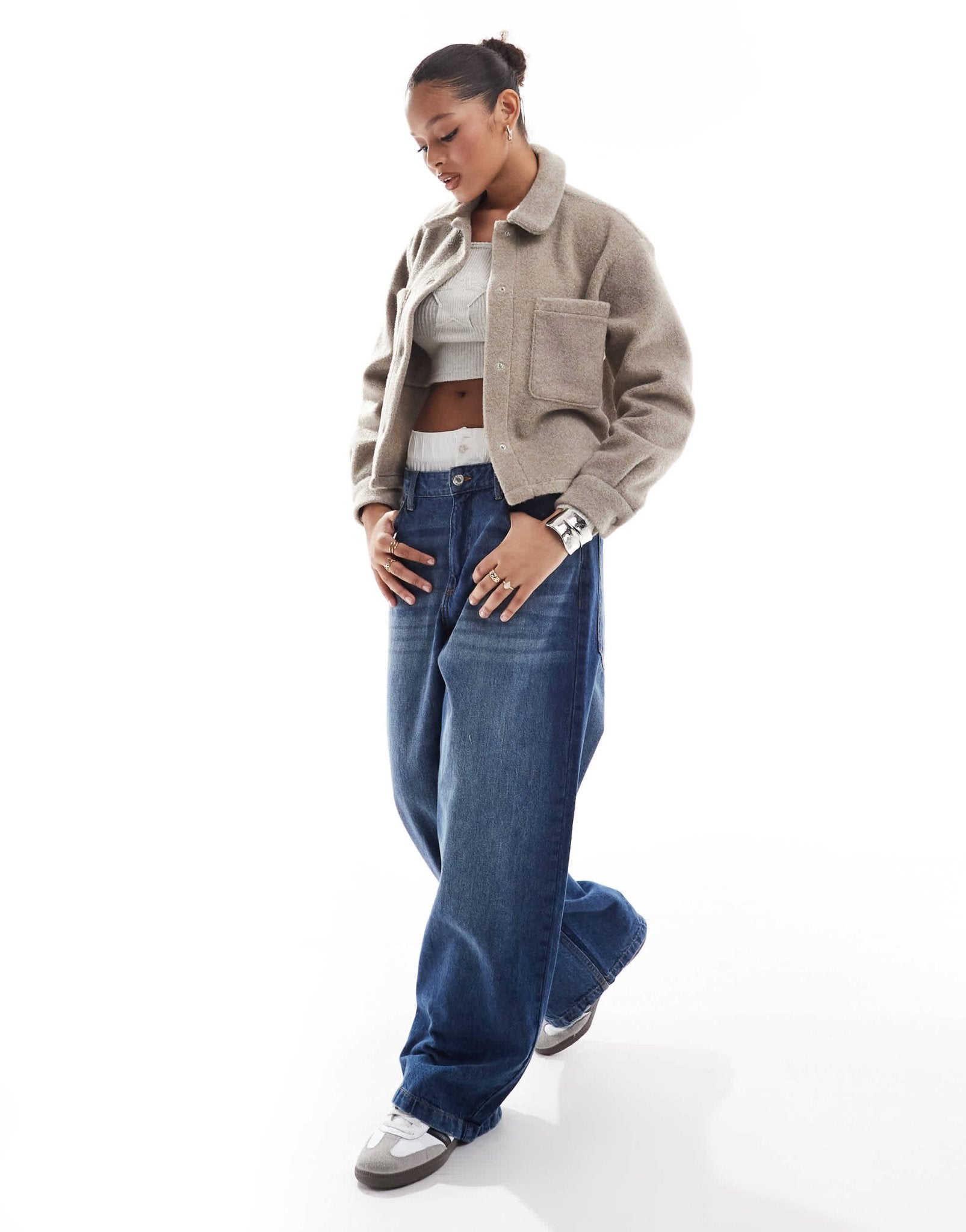 New Look cropped knitted shacket in mink - ASOS Sample Sale