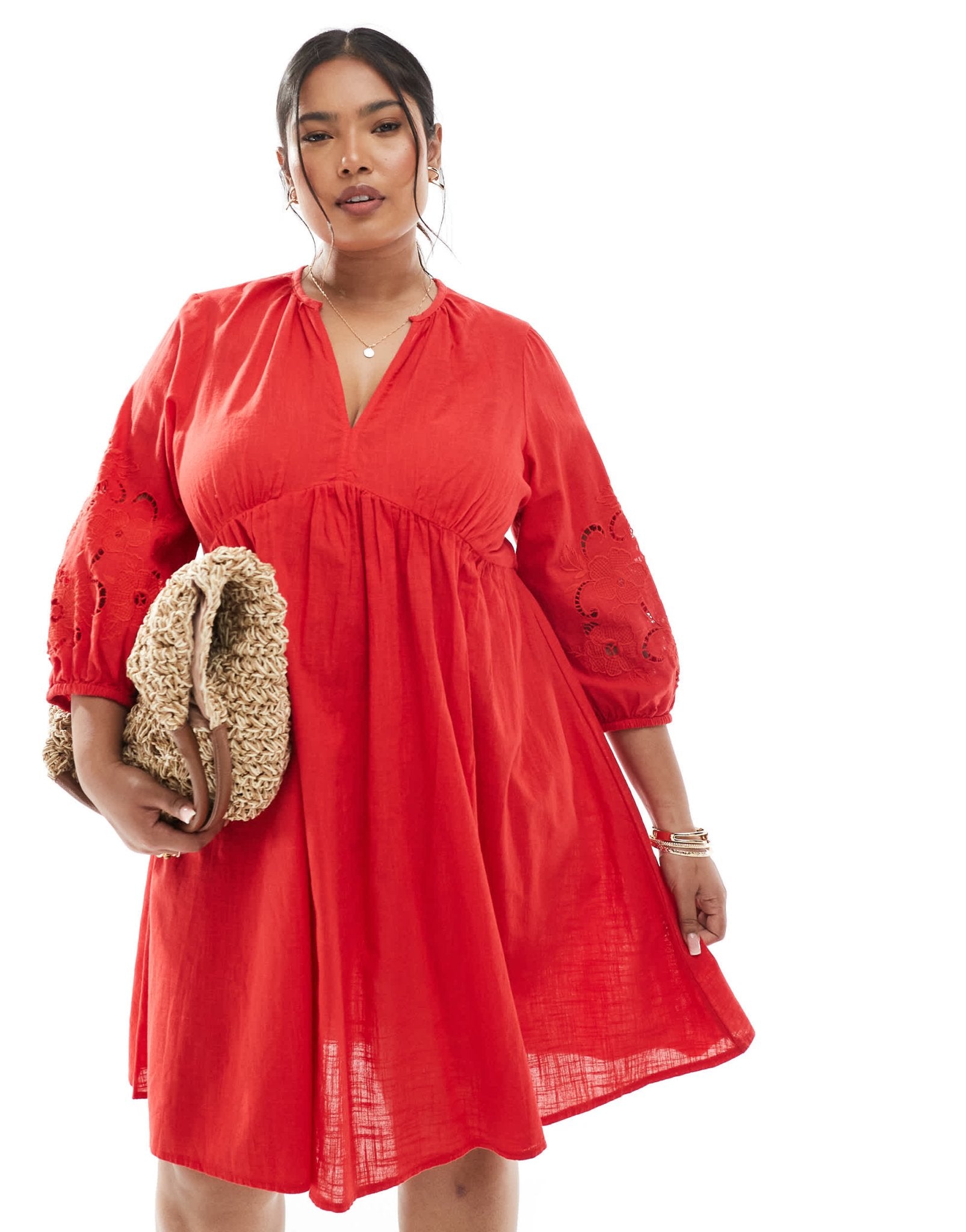 New Look Curve broderie sleeve smock mini dress in red - ASOS Sample Sale