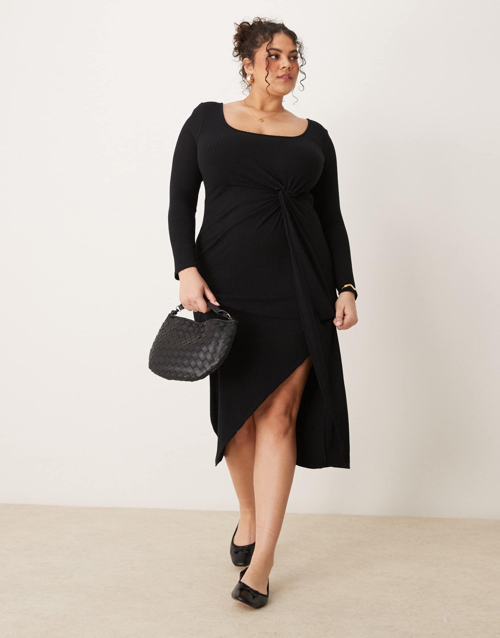 New Look Curve long sleeve knot front midi dress in black - ASOS Sample Sale