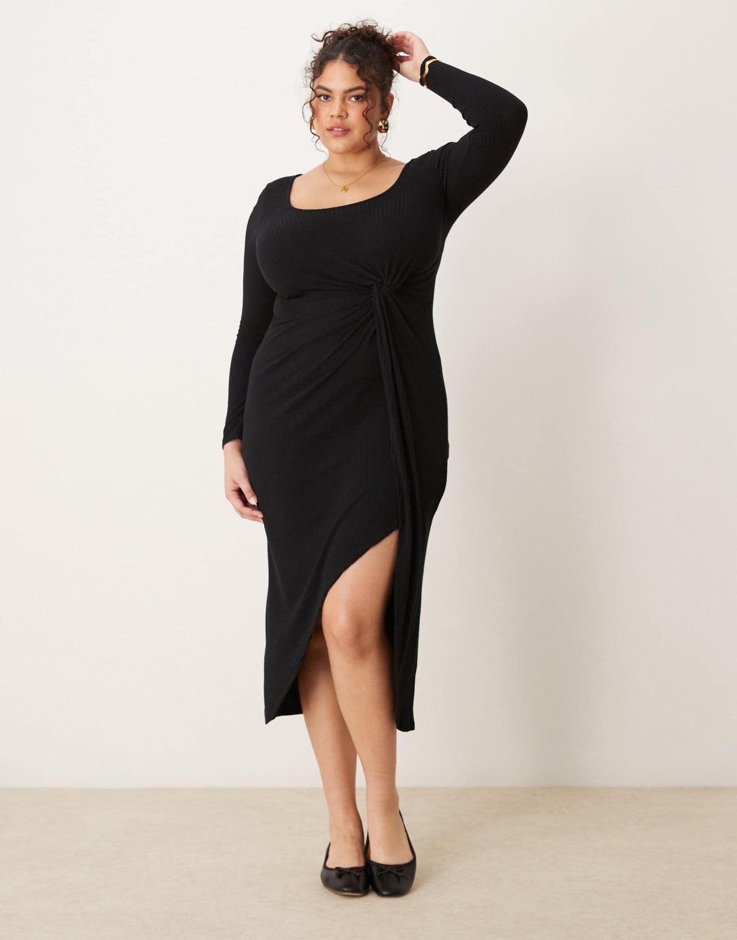 New Look Curve long sleeve knot front midi dress in black - ASOS Sample Sale