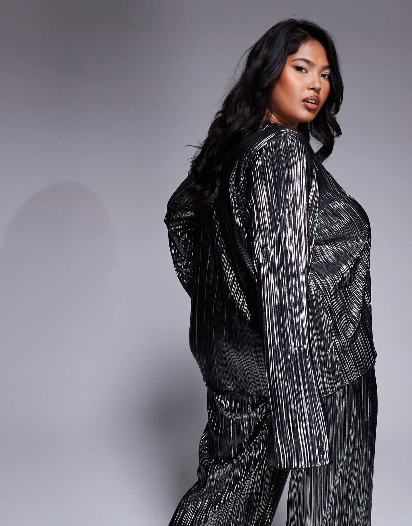New Look Curve metallic plisse long sleeve tie top in pewter - ASOS Sample Sale