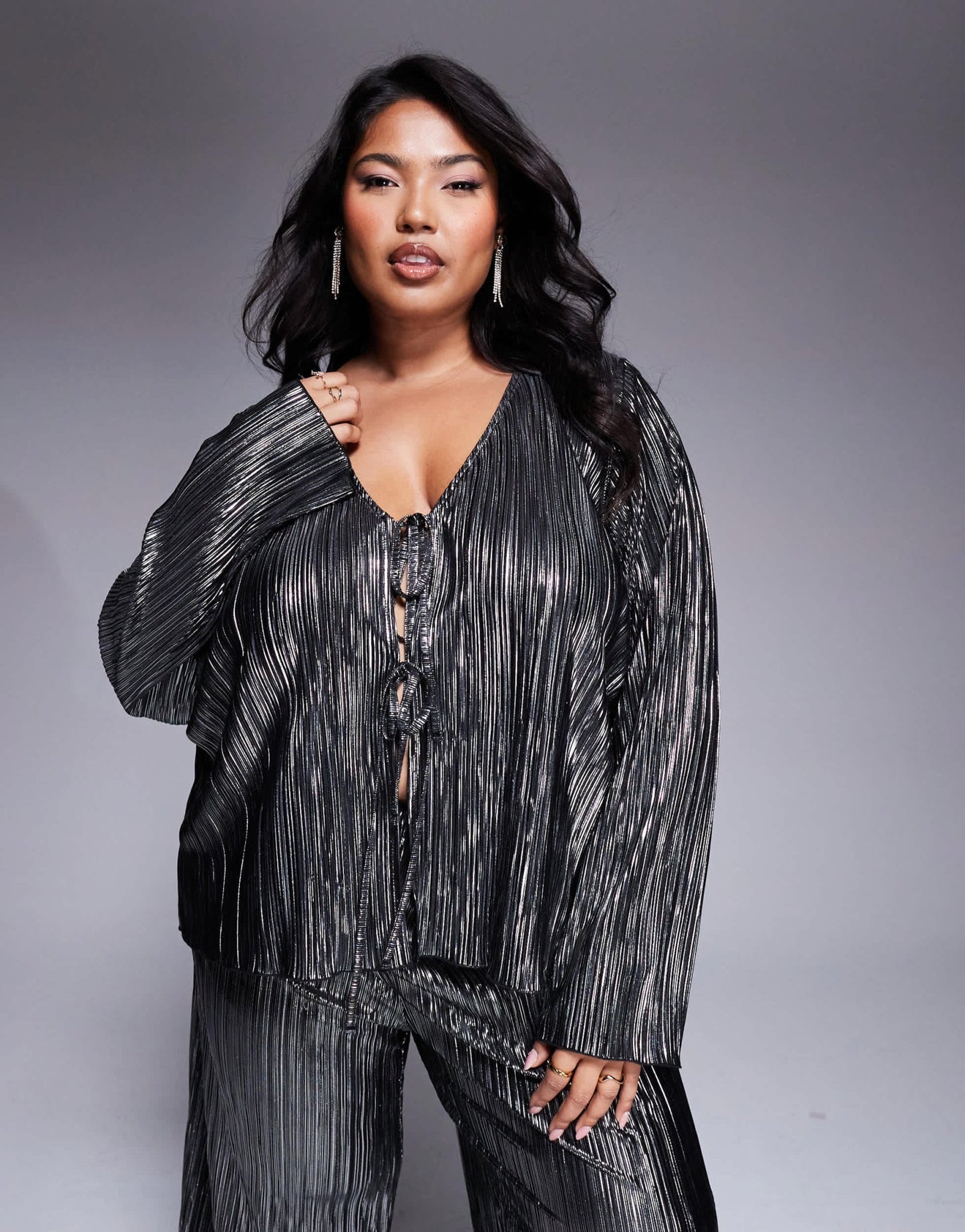 New Look Curve metallic plisse long sleeve tie top in pewter - ASOS Sample Sale