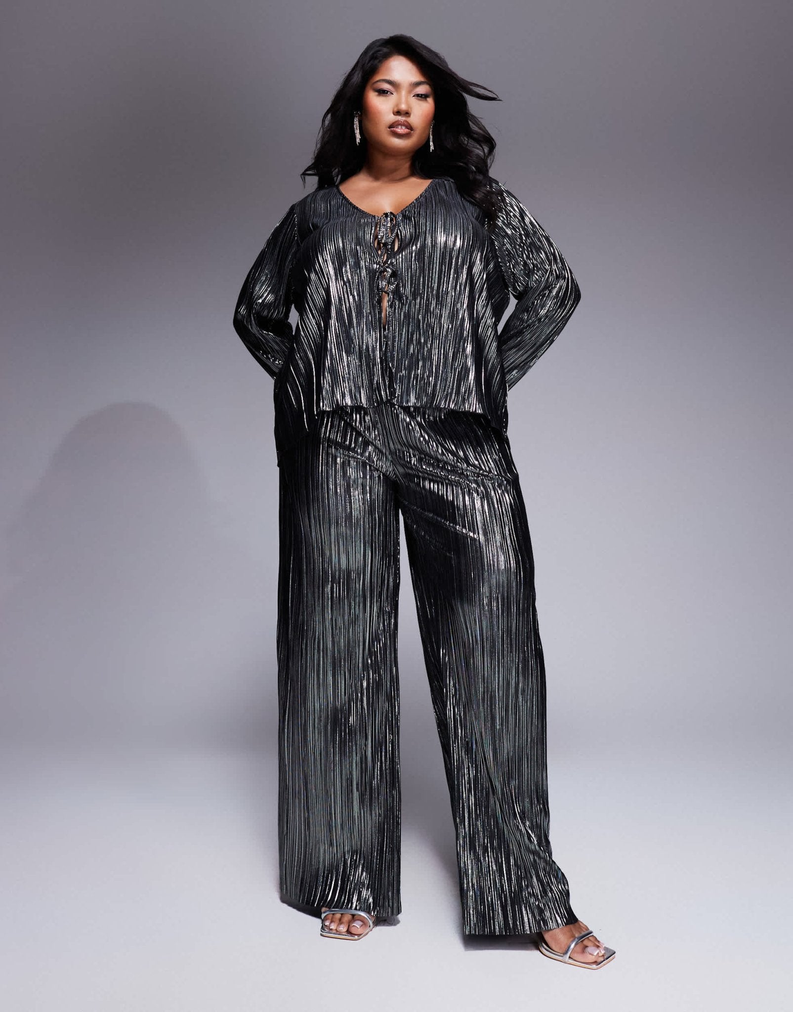 New Look Curve metallic plisse long sleeve tie top in pewter - ASOS Sample Sale