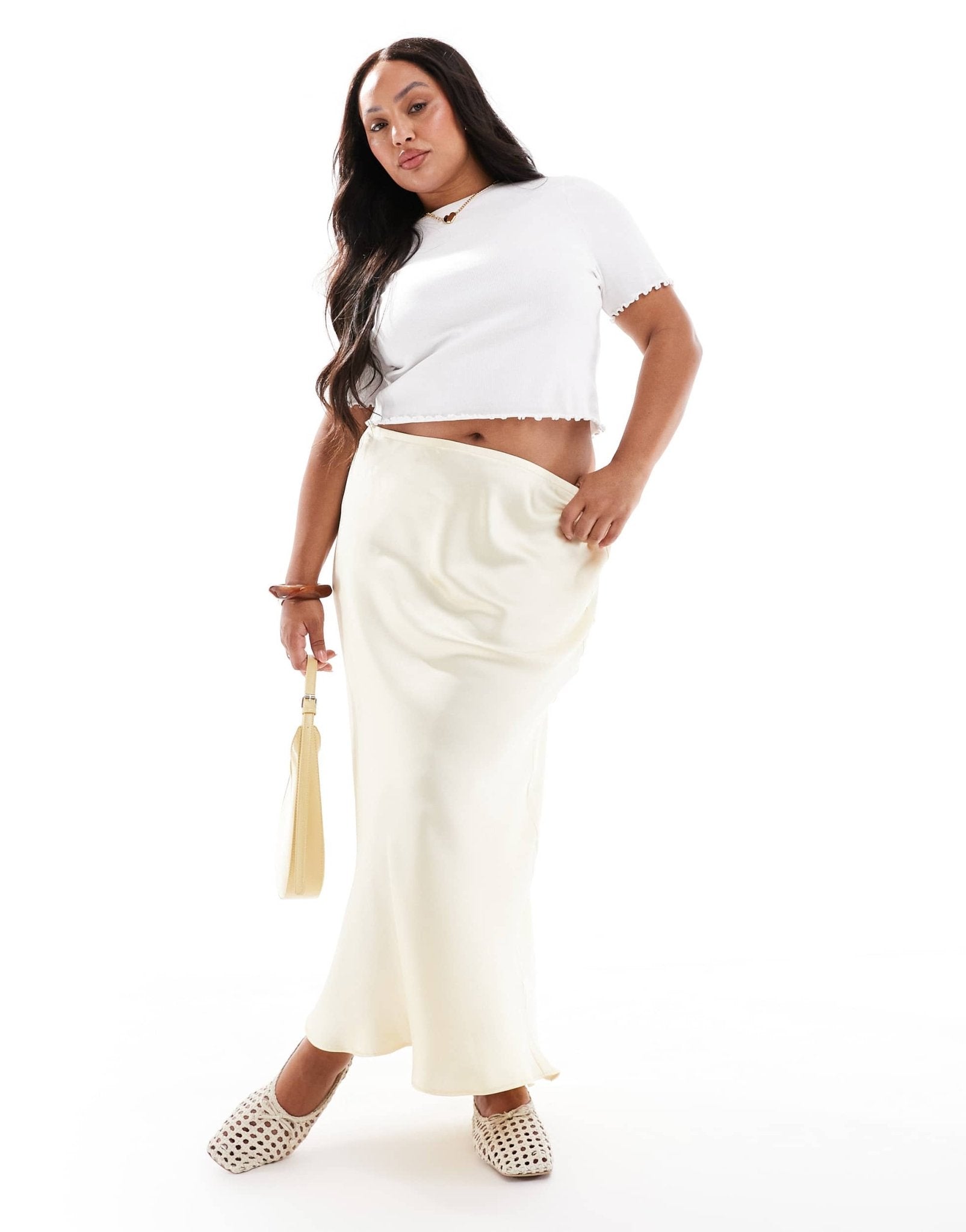 New Look Curve satin bias midi skirt in yellow - ASOS Sample Sale