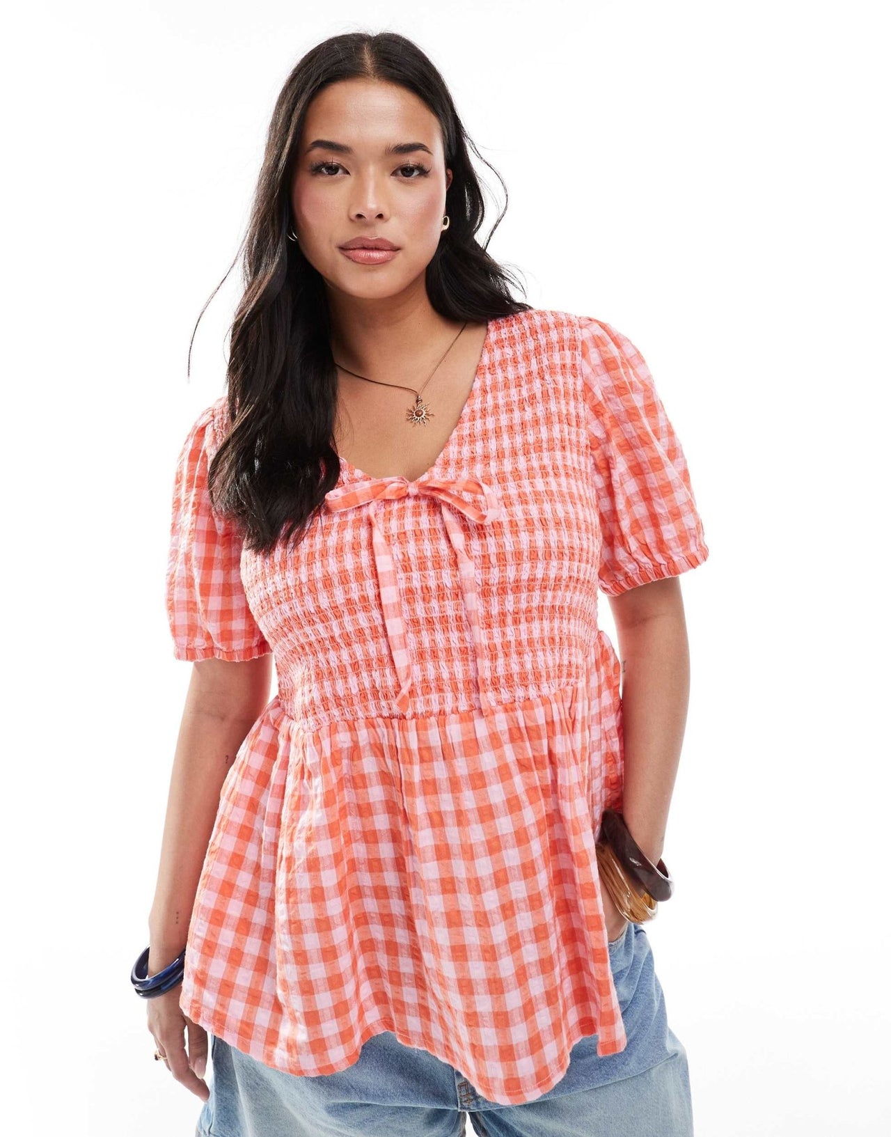 New Look Curve shirred tie front top in red gingham - ASOS Sample Sale
