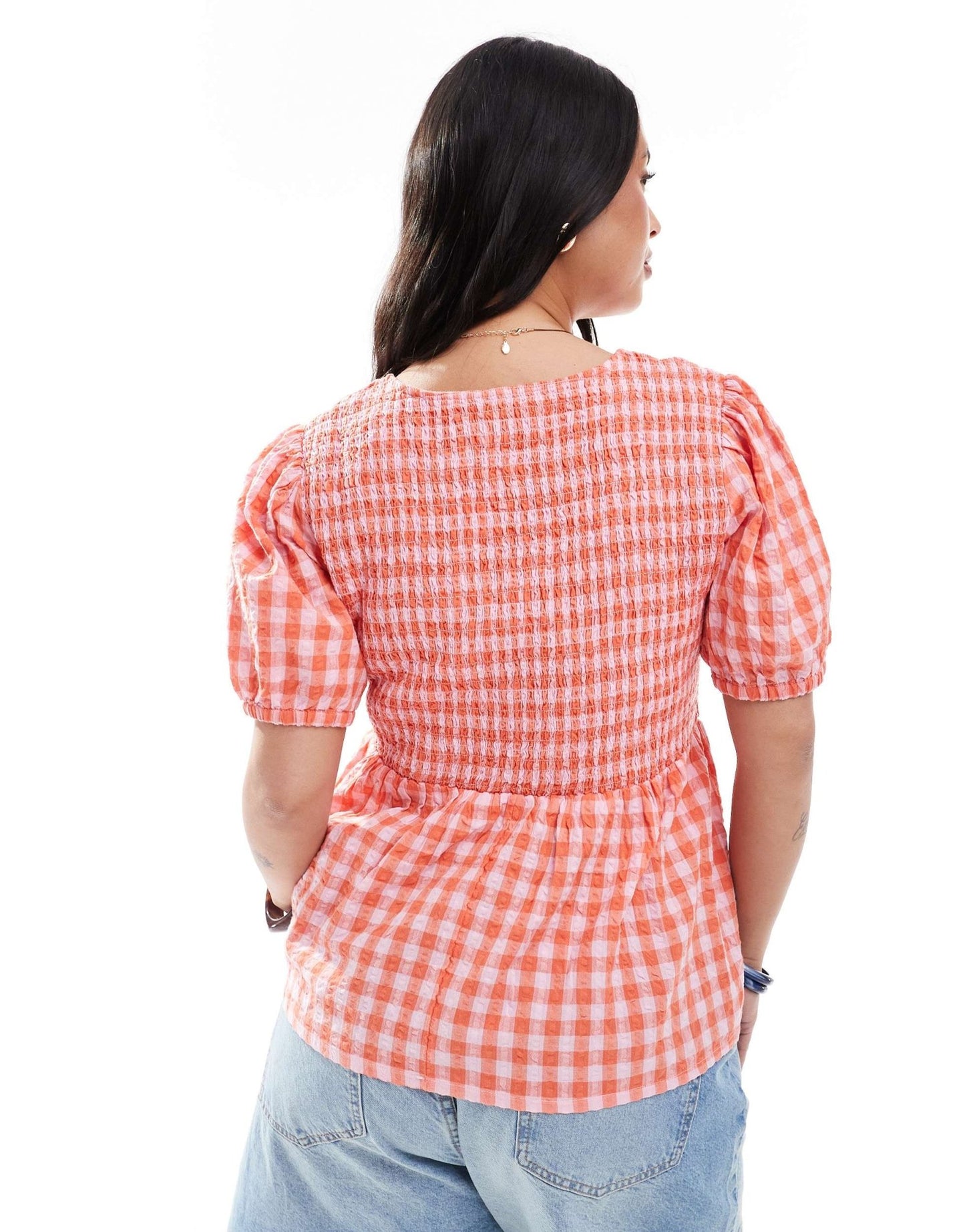New Look Curve shirred tie front top in red gingham - ASOS Sample Sale