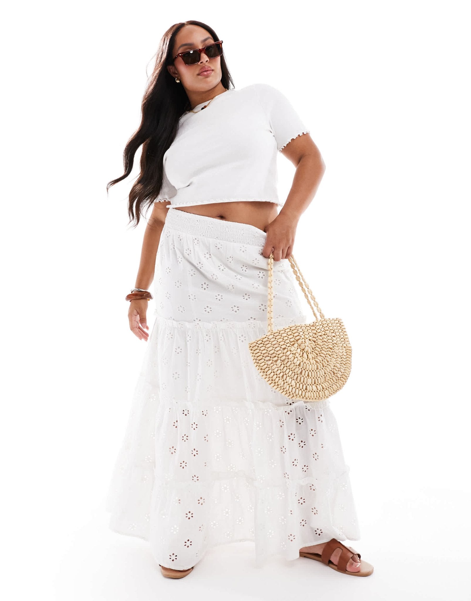 New Look Curve shirred waist embroidered midi skirt in white - ASOS Sample Sale