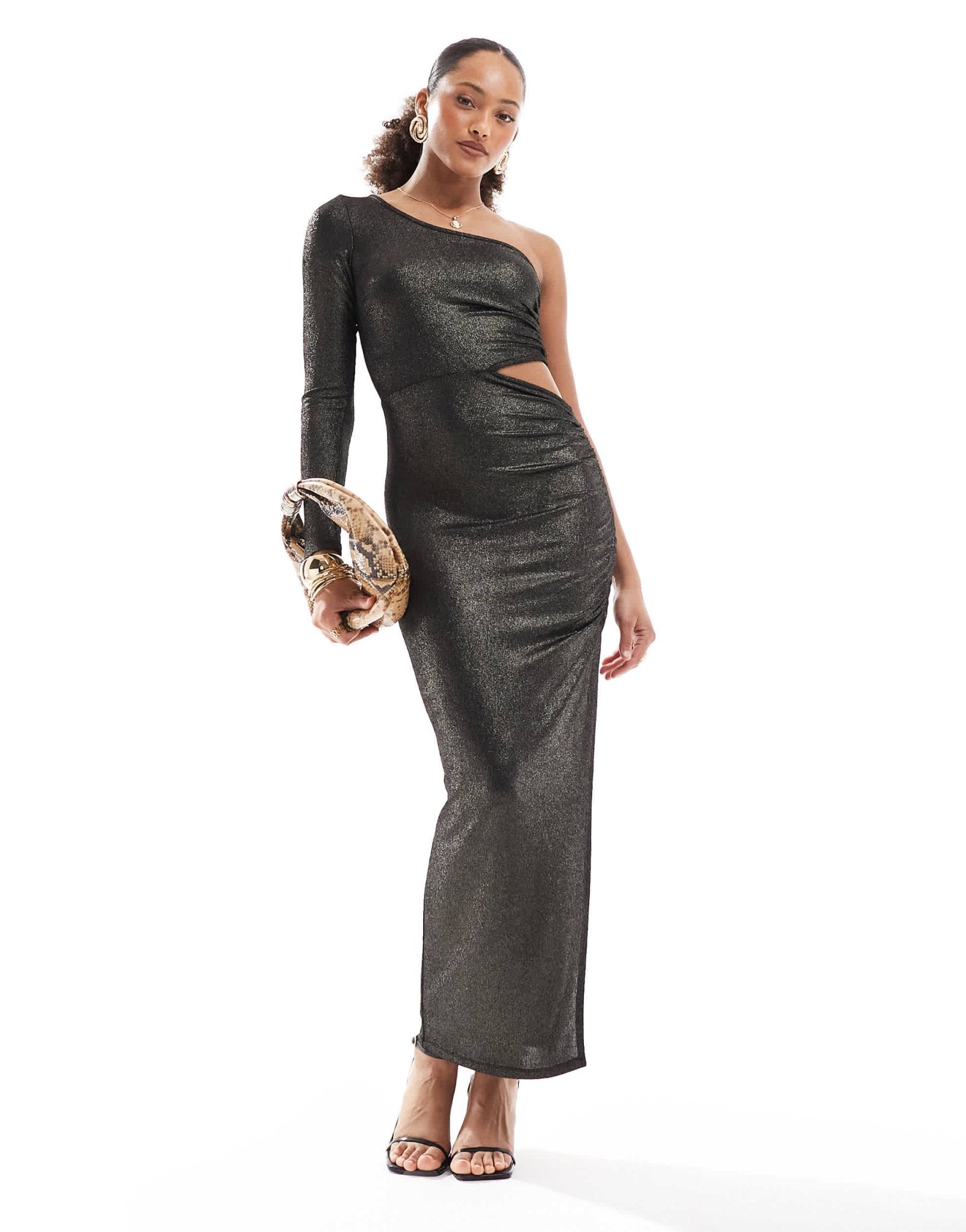 New Look cut out midi one shoulder dress in gold foil - ASOS Sample Sale