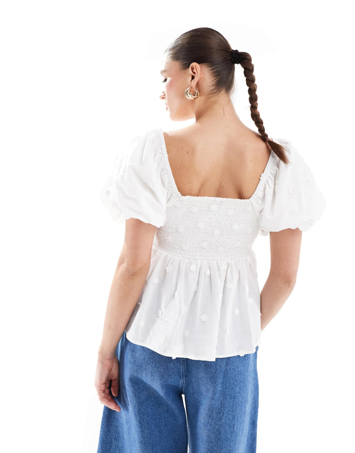New Look daisy embroidered puff sleeve peplum top in white - ASOS Sample Sale